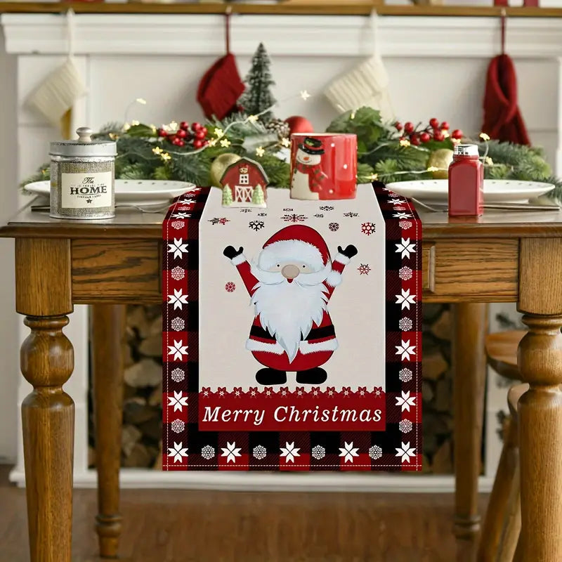 Seasonal Winter Holiday Table Runner - Red and Black Buffalo Check Plaid with Santa Claus & Snowflake Patterns-3