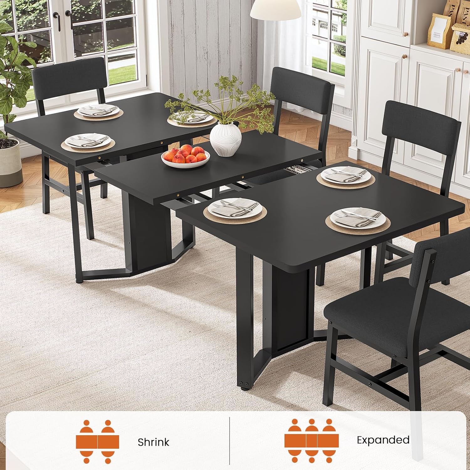 63 Inch Extendable MDF Board Dining Table Set Black Finish