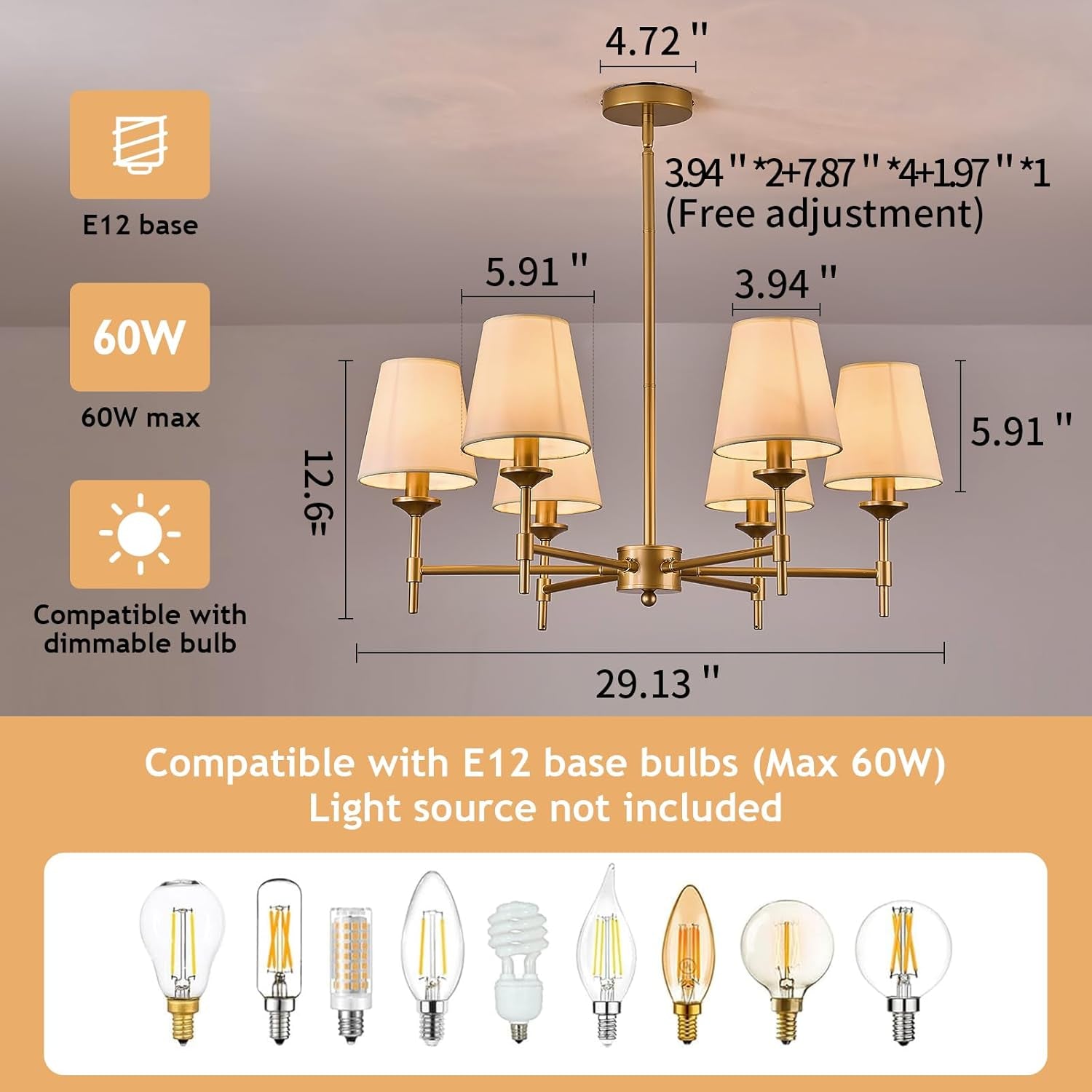Gold Farmhouse Chandelier 6 Light Fixture with Linen Shades-1