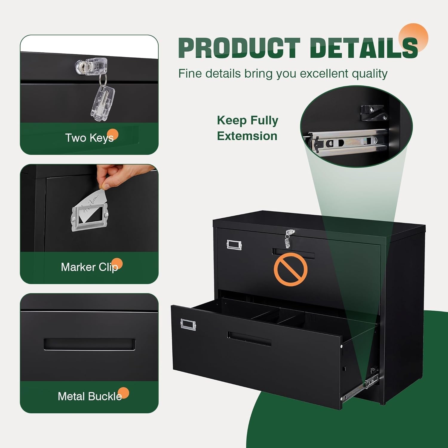 Metal Lateral File Cabinet With Lock 2 Drawer Black Steel