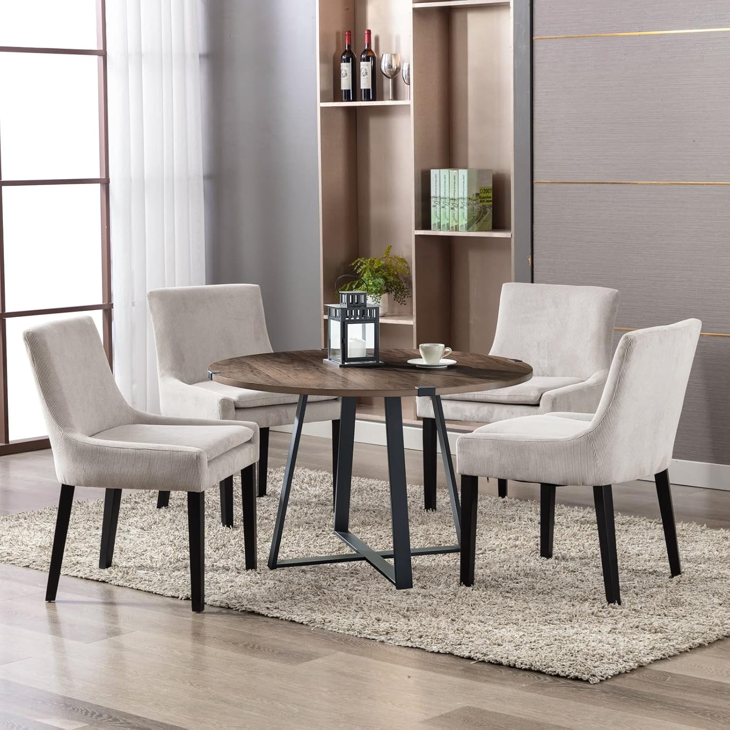 Beige Upholstered Corduroy Dining Chairs Bundle Four