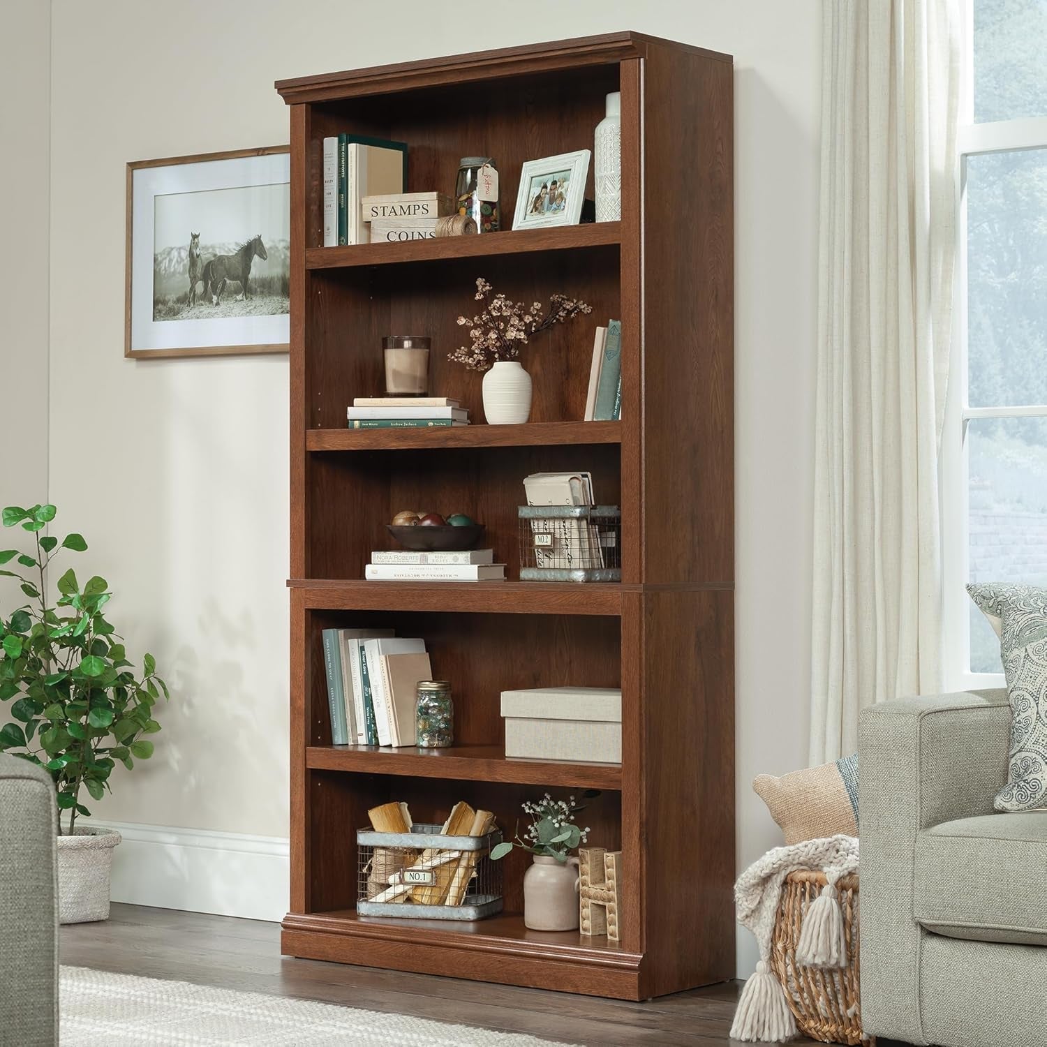 Five Shelf Bookcase In Oiled Oak Finish 35.28 Length 13.23 Width 69.76 Inches