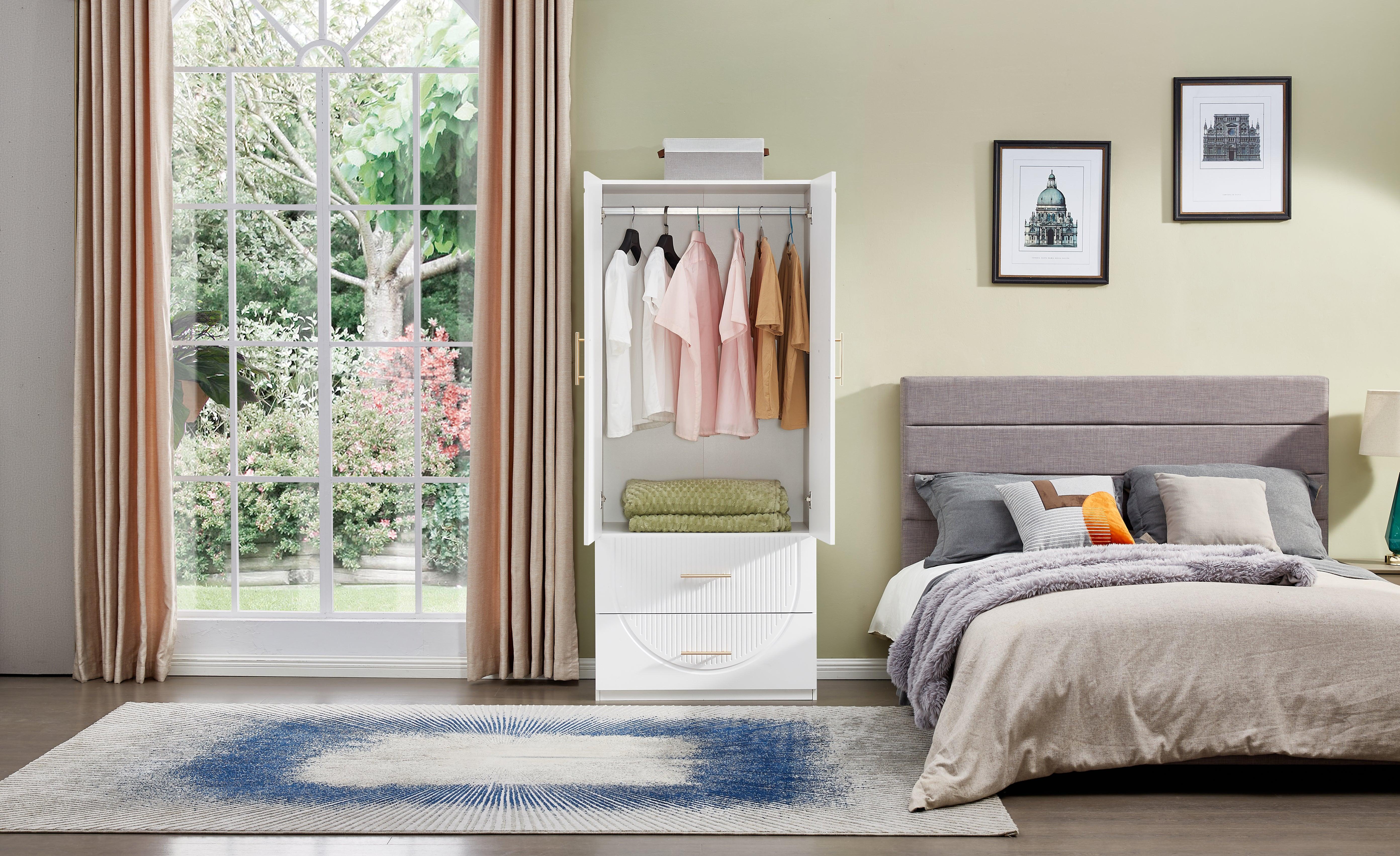 74.2" H White Modern Wooden Armoire Wardrobe – 2 Doors, 2 Drawers Freestanding Closet with Hanging Rod - PRHOMZ