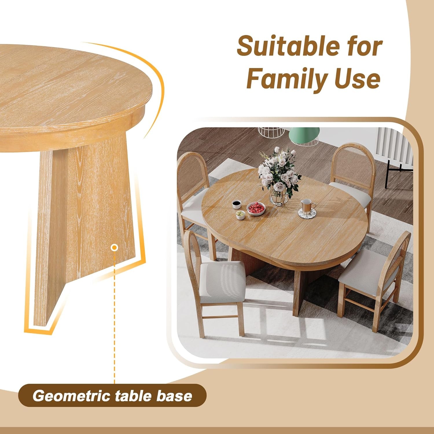 Retro Solid Wood Dining Set Natural Finish Extendable