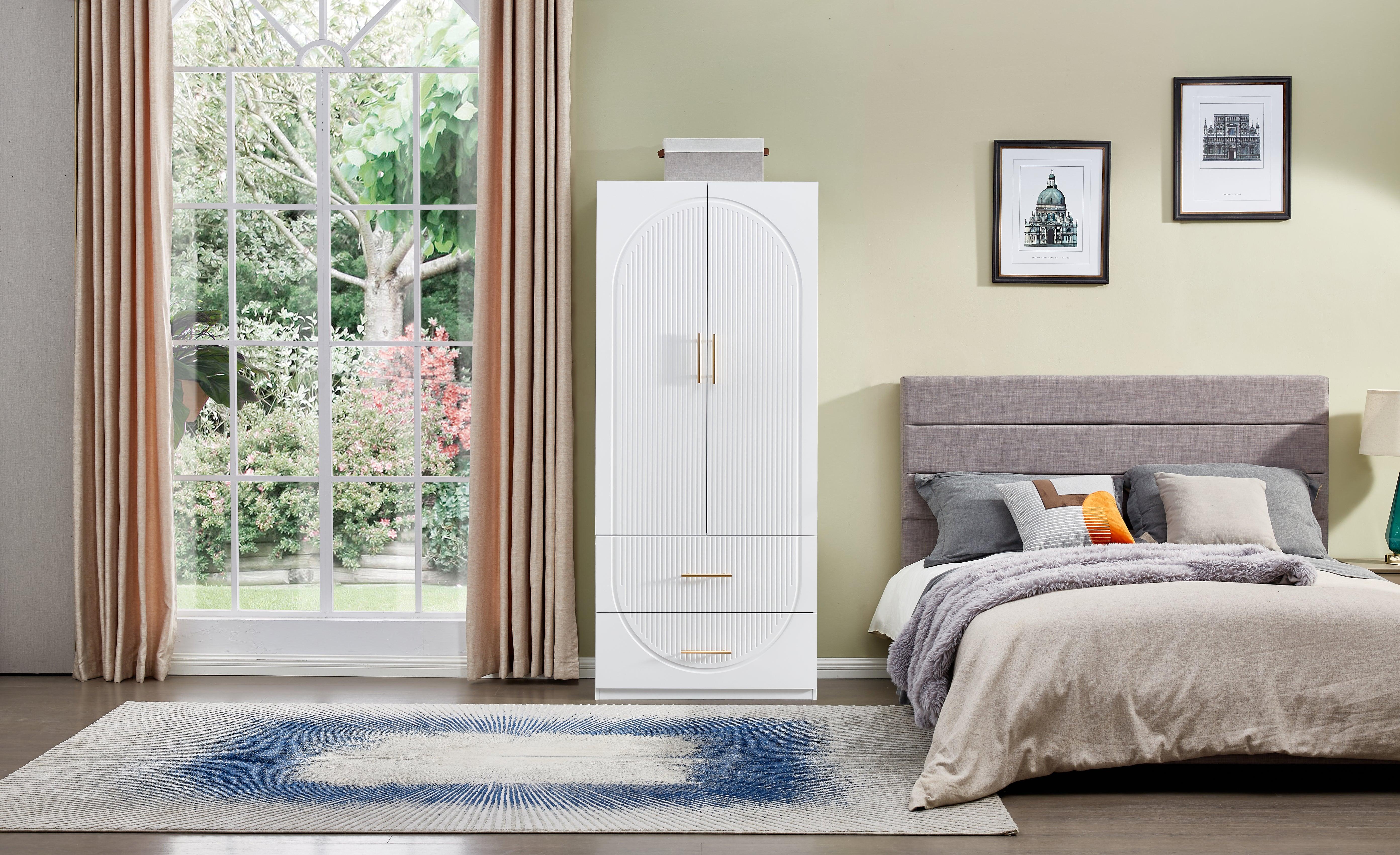 74.2" H White Modern Wooden Armoire Wardrobe – 2 Doors, 2 Drawers Freestanding Closet with Hanging Rod - PRHOMZ