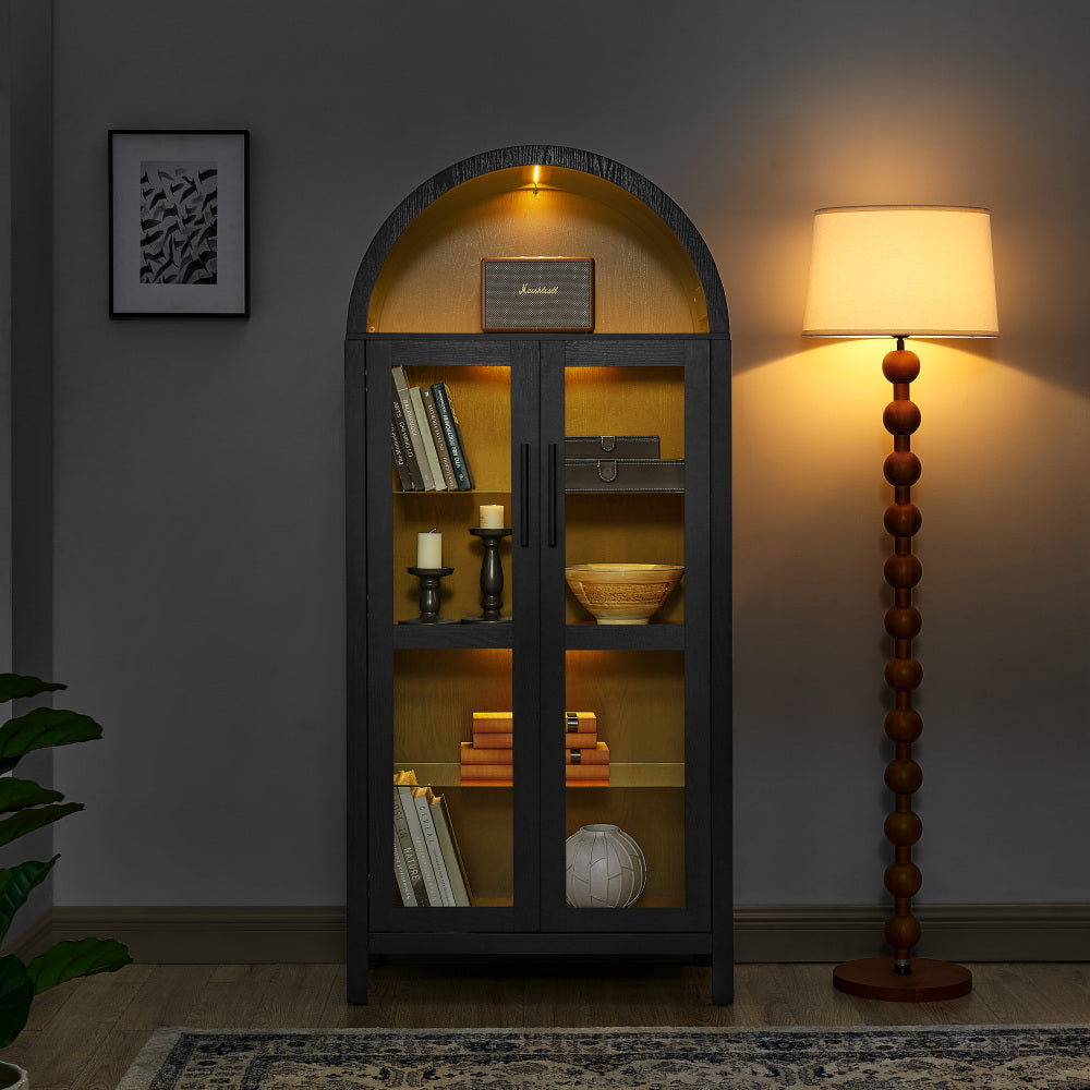 High-Arched Storage Cabinet with LED Light Modern Retro Wood Glass Display Cabinet with Adjustable Shelves Black