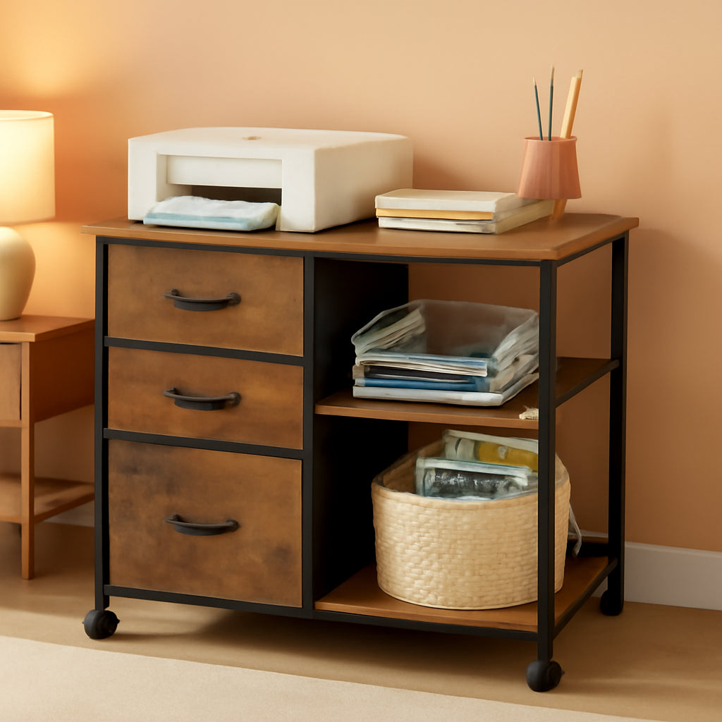 3 Drawer Mobile File Cabinet Fits A4 Or Letter Size With Rolling Printer Stand Rustic Brown Wood Grain