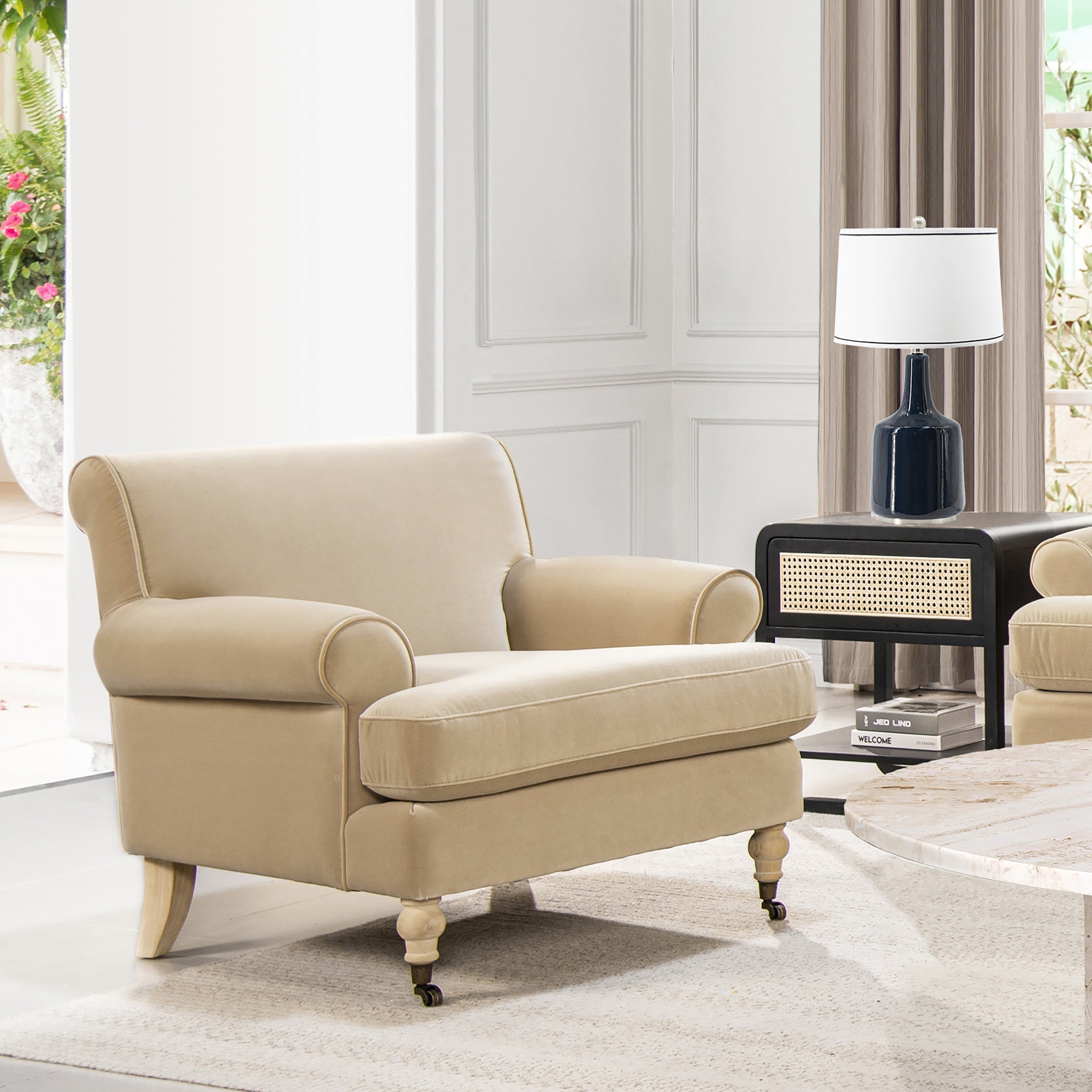 Alana 38' Lawson Accent Arm Chair Metal Casters, Fawn Brown Performance Velvet