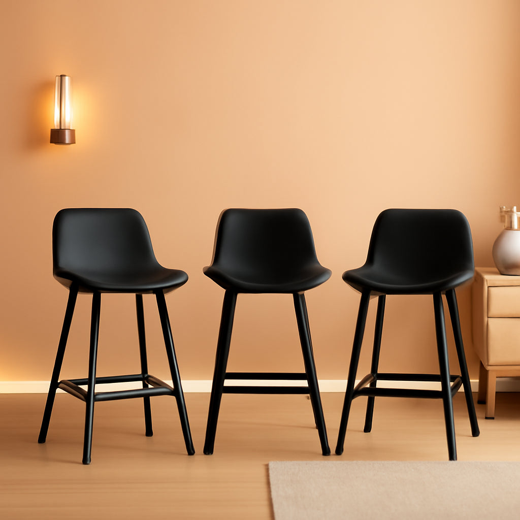 24 Inch Modern Bucket Bar Stool Set Of 3 With Back And Footrest In Faux Leather Black
