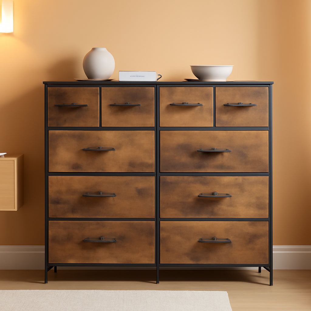 10 Drawer Fabric Dresser In Rustic Brown Wood Grain Finish