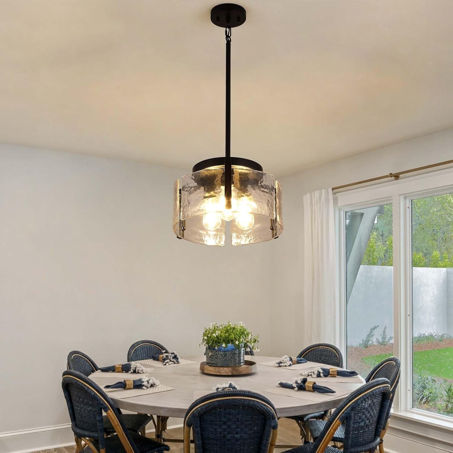 Black Adjustable Farmhouse Chandelier For Dining Room With Hammered Glass-1