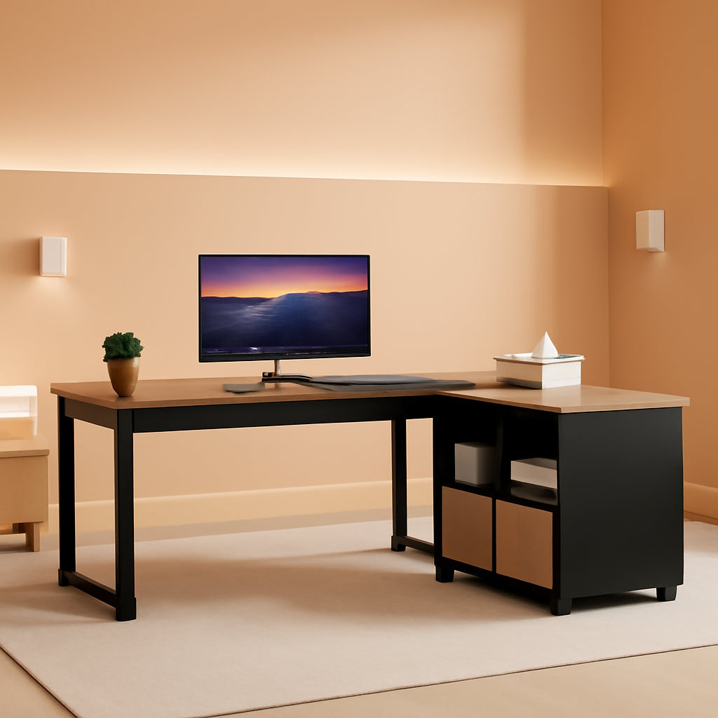 L-Shaped Desk 63-Inch Walnut With Reversible File Cabinet