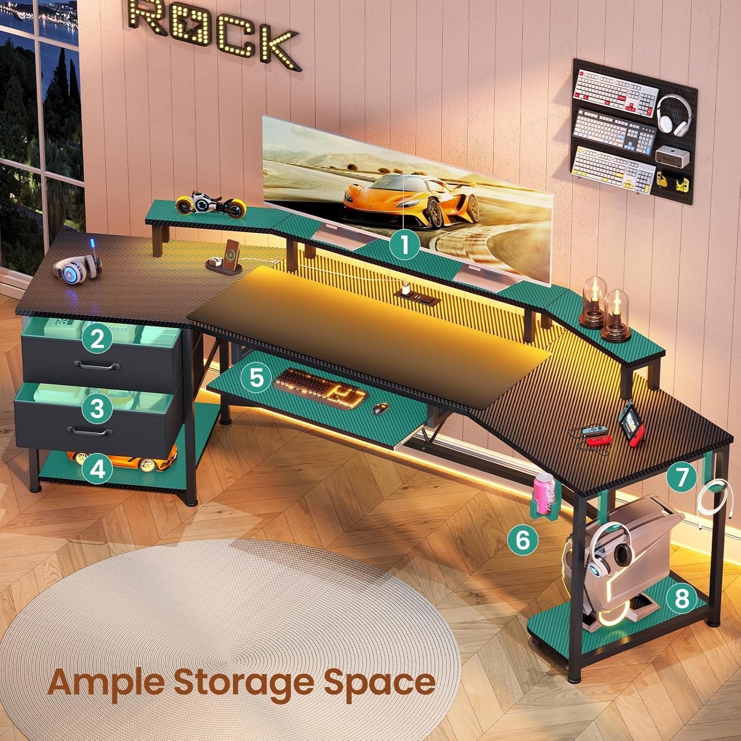 79 Inch Gaming Desk With LED Lights And Storage