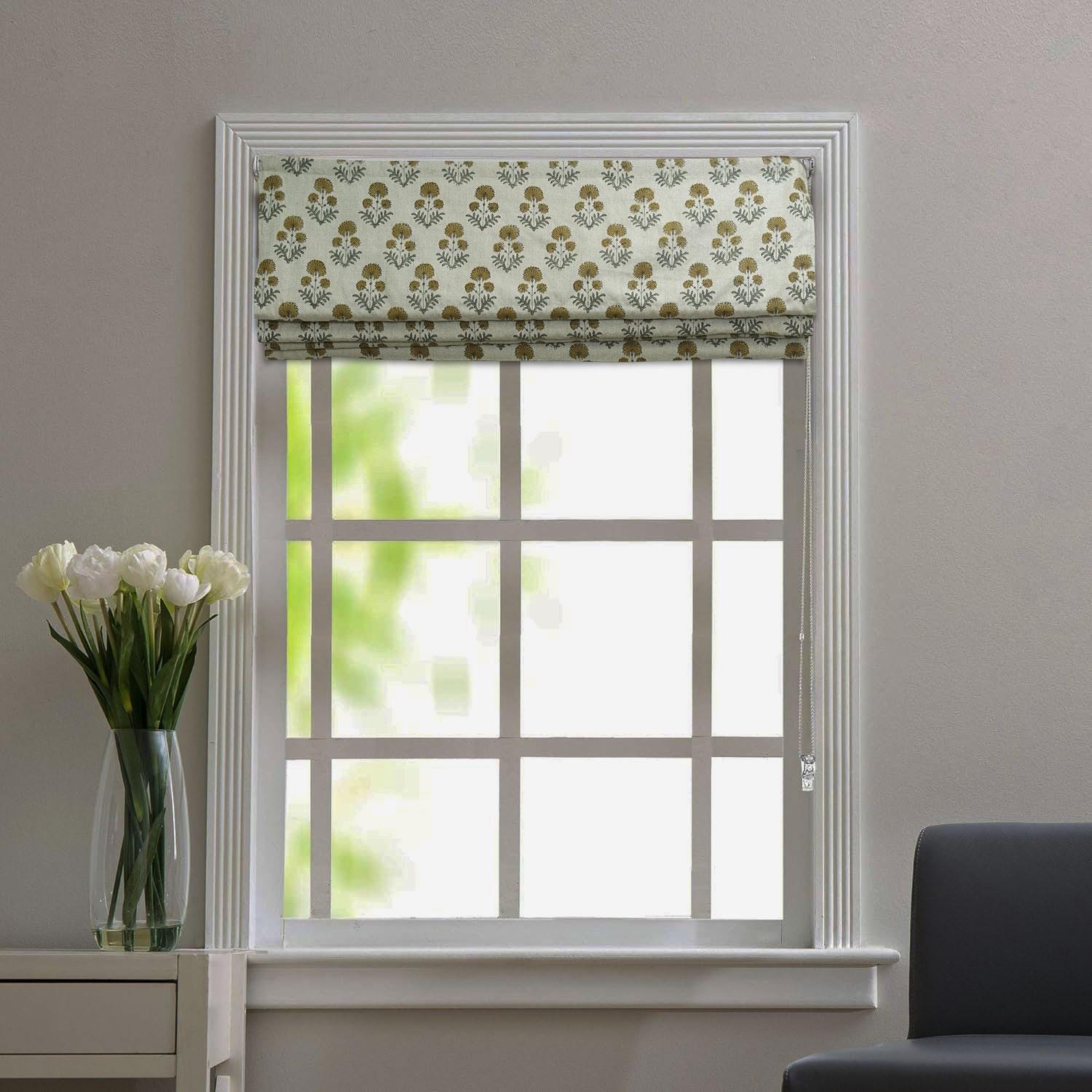 Block Print Floral Linen Roman Shade Blind - Rishi