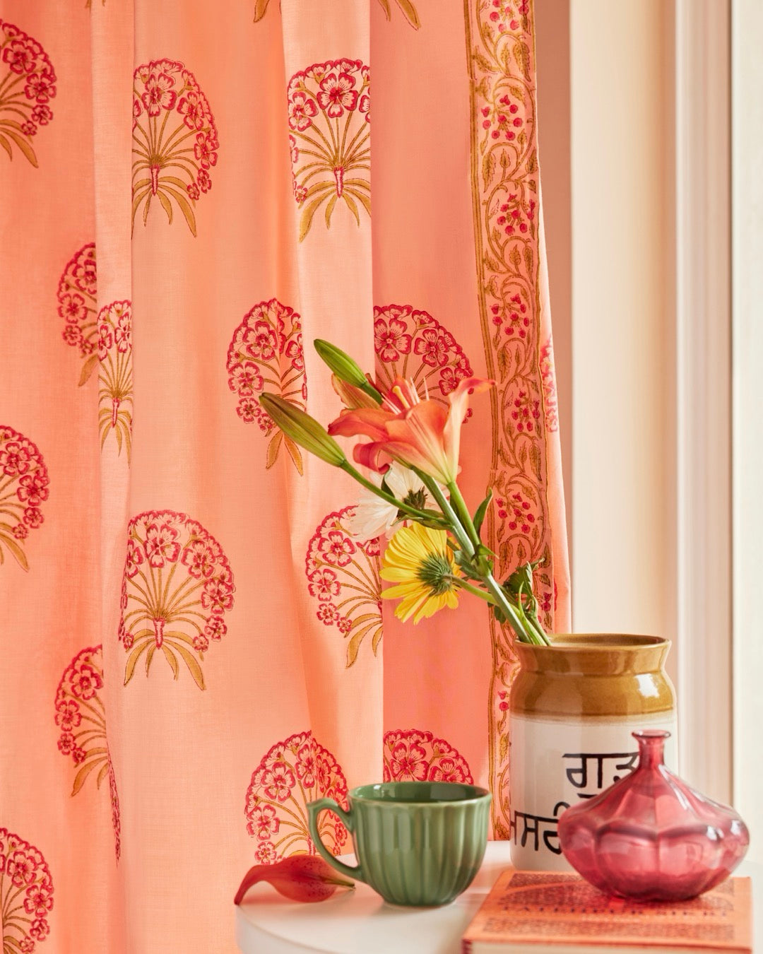 Pink & Green Hand Block Printed Linen Curtains | Floral Pattern | Privacy Opaque Light Filtering-0