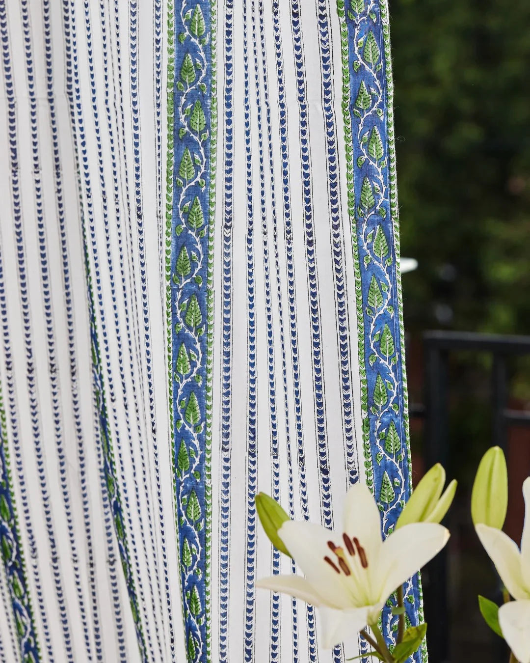 White & Blue Hand Block Printed Linen Curtains | Leaf & Stripe Design-0