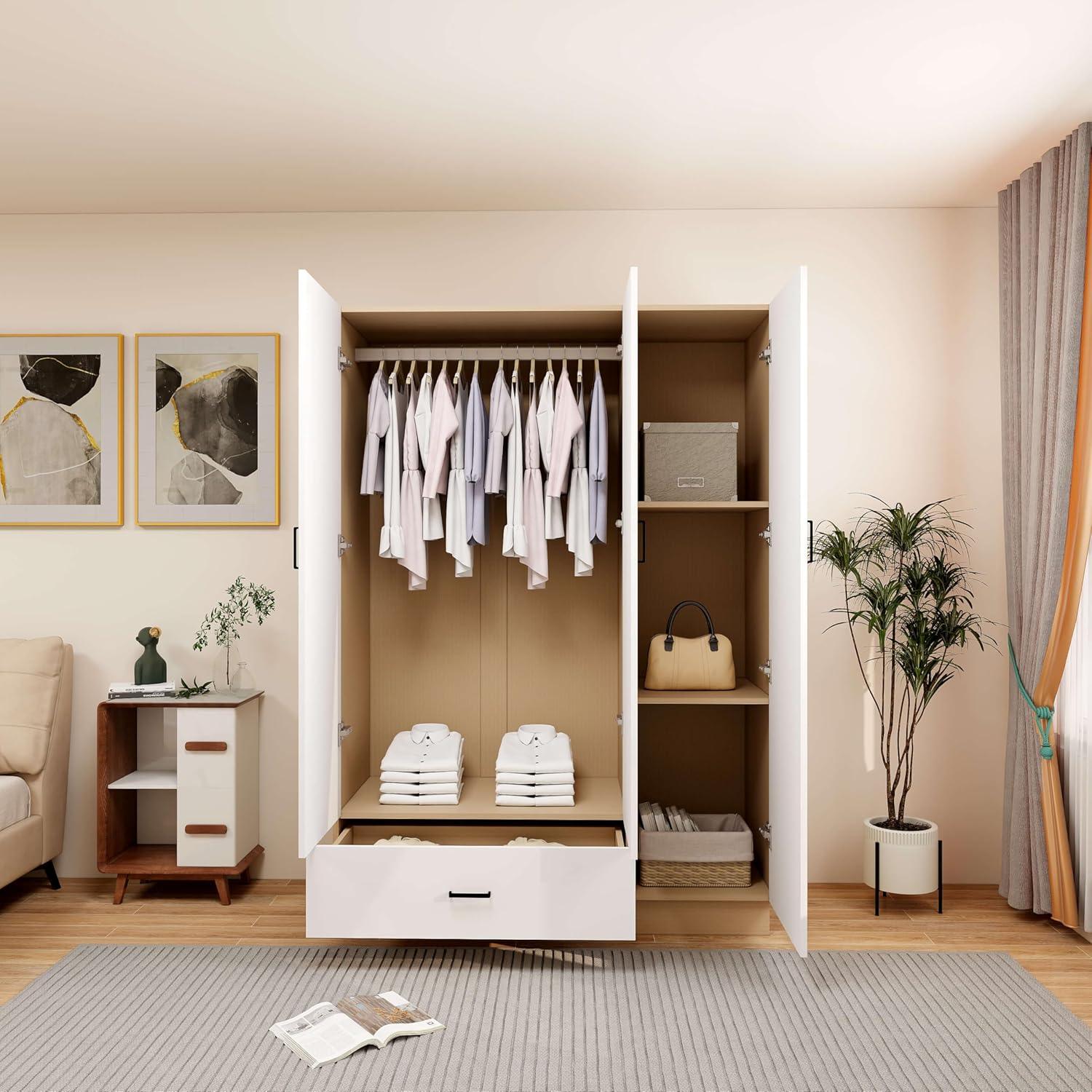 69" High Wooden Wardrobe Closet , 3 Doors & Drawers | White Bedroom Armoire - PRHOMZ