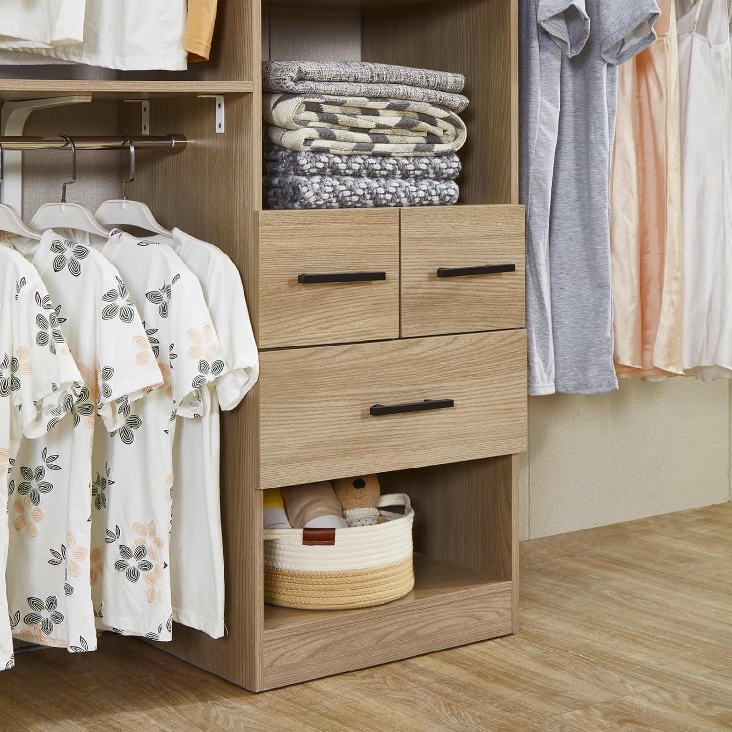 8FT Brown Built-In Closet System with 3 Drawers, 2 Doors, Shelves, Towers & Hanging Rods – Wood Organizer for Bedroom Storage - PRHOMZ