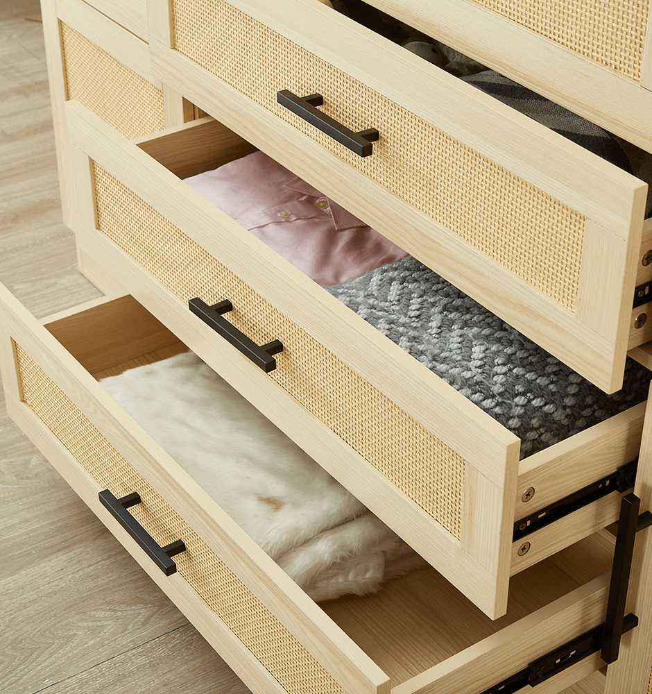 Natural Rattan Armoire Wardrobe – Wood 4-Door, 4-Drawer Closet with Mirrors, Hanging Rod & Shelves - PRHOMZ