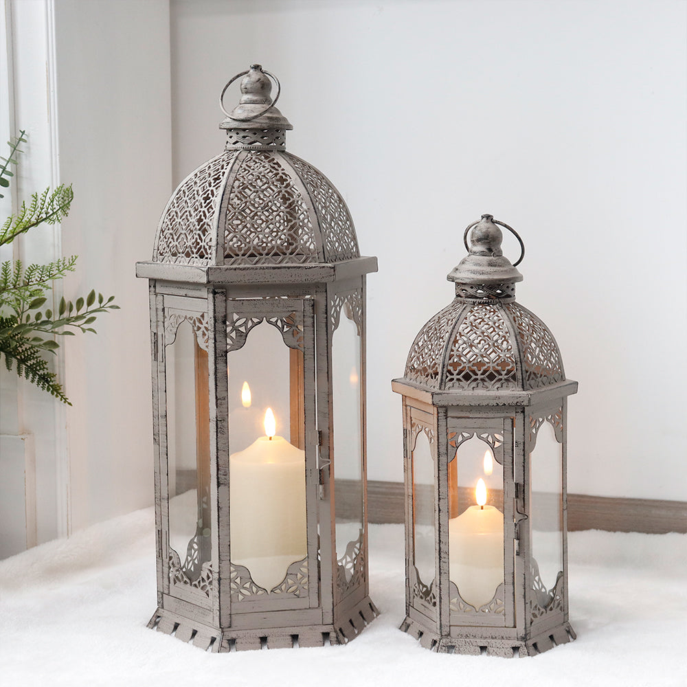 22"&17" H Outdoor Vintage Metal Candle Lanterns(Grey with Black Brush)-1