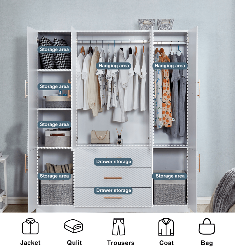 74.2" Tall White Wardrobe Closet with 4 Doors, 3 Drawers, Shelves & Hanging Rod – Freestanding Storage Cabinet for Bedroom or Bathroom Clothes Organization - PRHOMZ