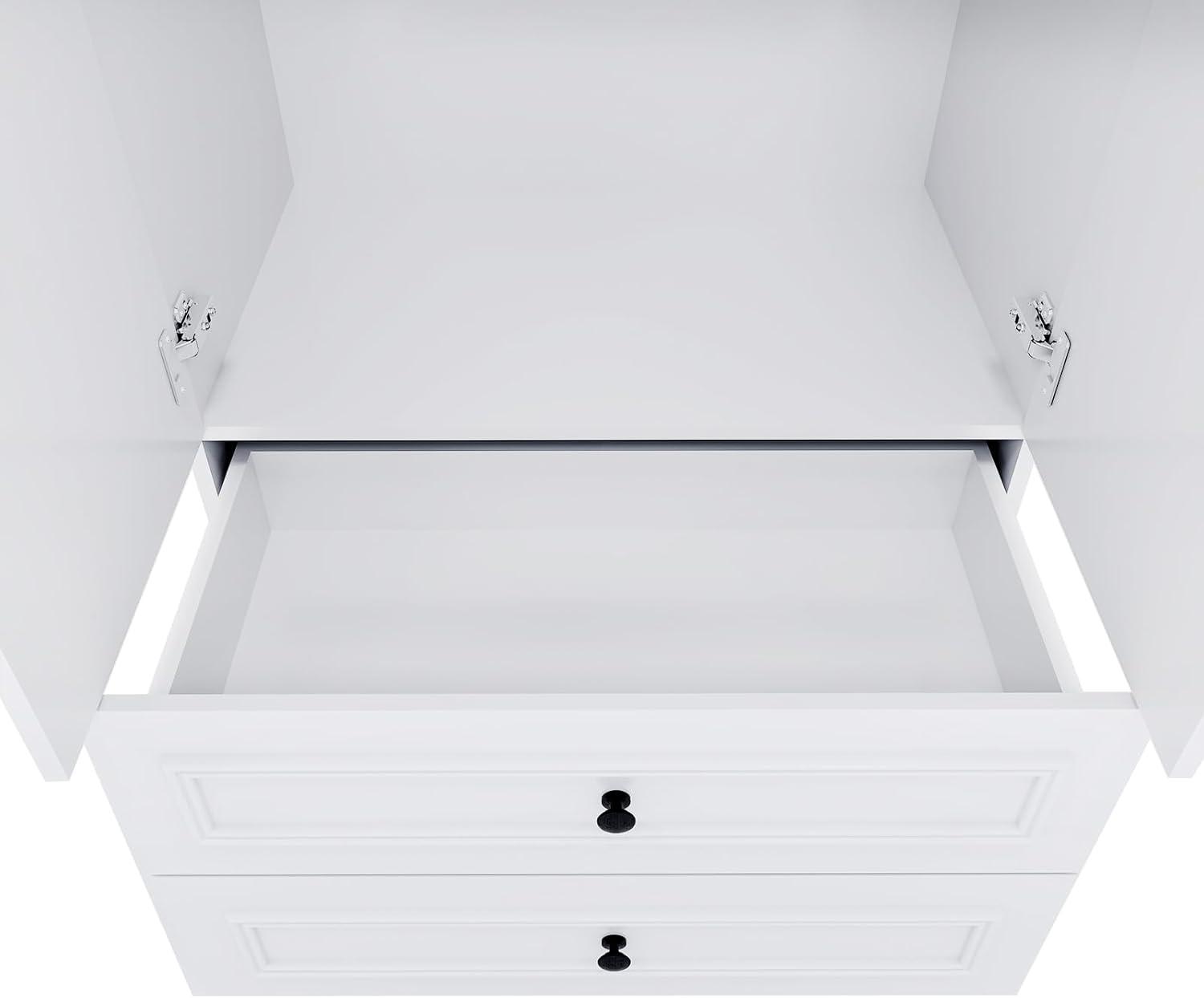 White Wooden Armoire Wardrobe – 2-Door Closet with Mirror, Hanging Rods, Drawers & Shelves for Bedroom - PRHOMZ