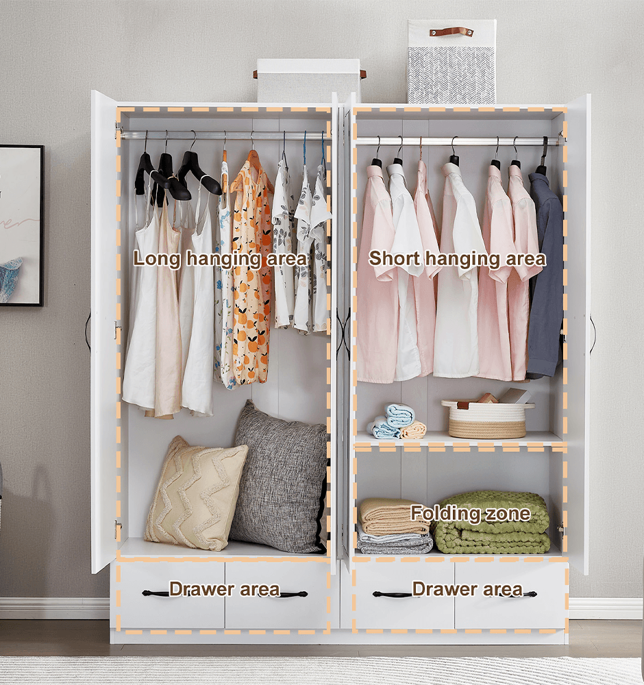 White Mirror Wardrobe Closet – 4-Door Wooden Freestanding Armoire with Shelves & Hanging Rod - PRHOMZ