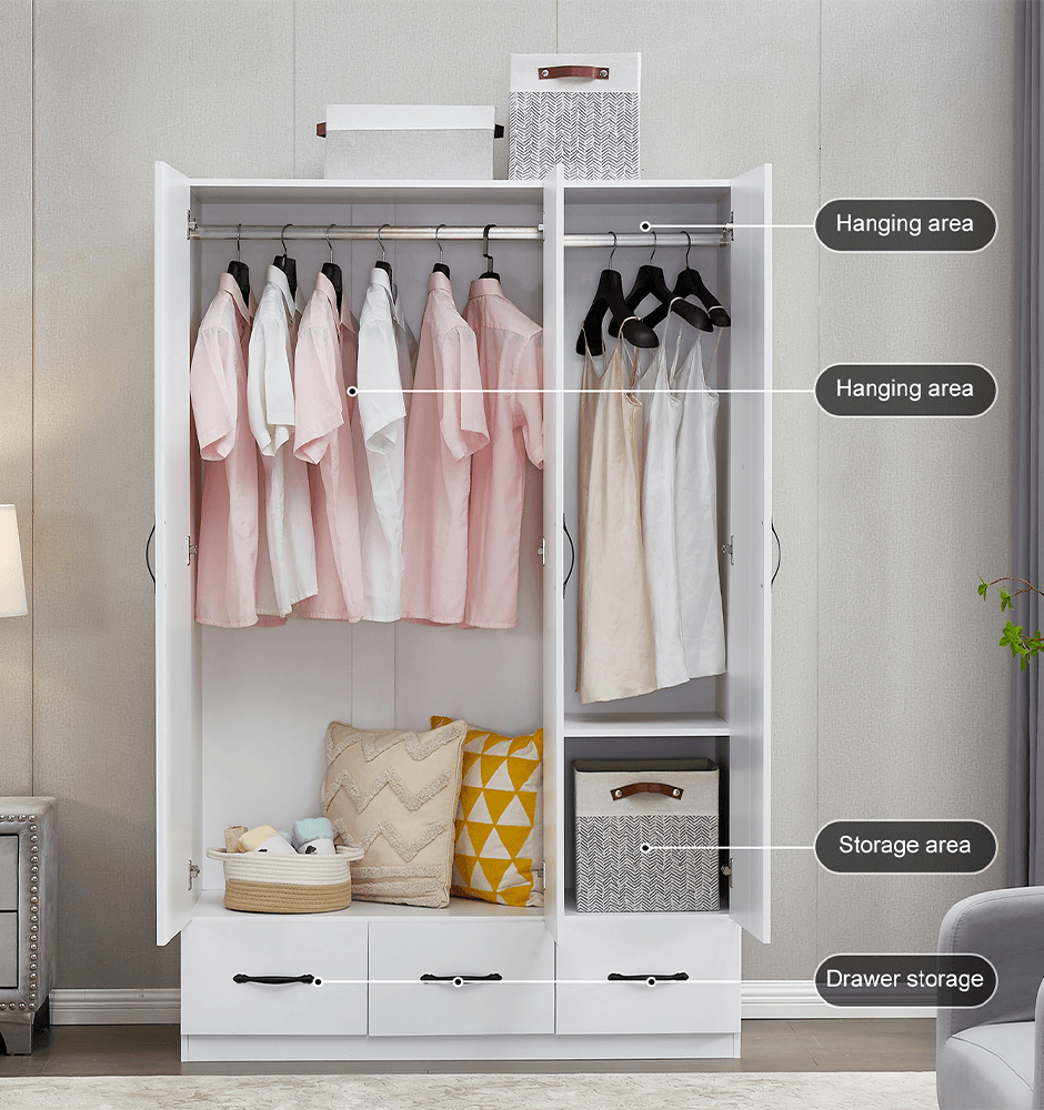 74.2” Tall Mirror Wardrobe Closet by LivelyLodge | 3-Door Freestanding White Wooden Armoire with Hanging Rod & Shelves for Bedroom & Bathroom Storage - PRHOMZ