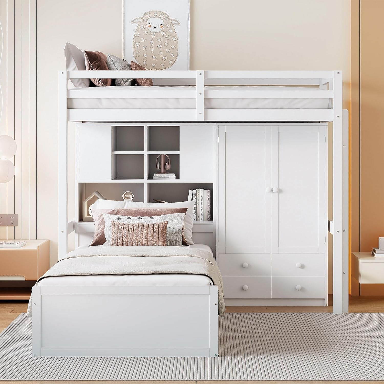 White Twin Over Twin Bunk Bed With Drawers And Wardrobe