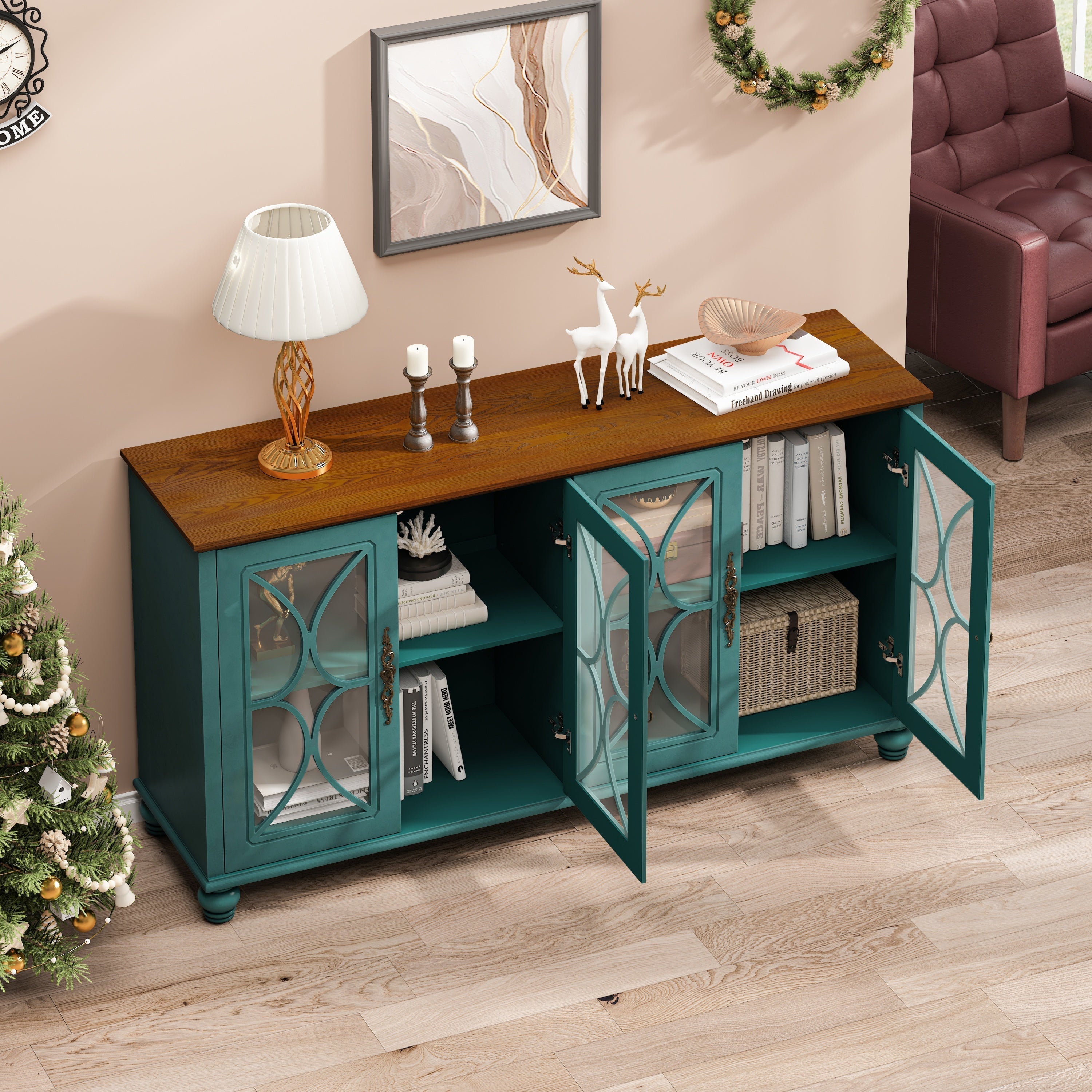 Elegant European Antique Style 4-Door Cabinet with Tempered Glass Doors