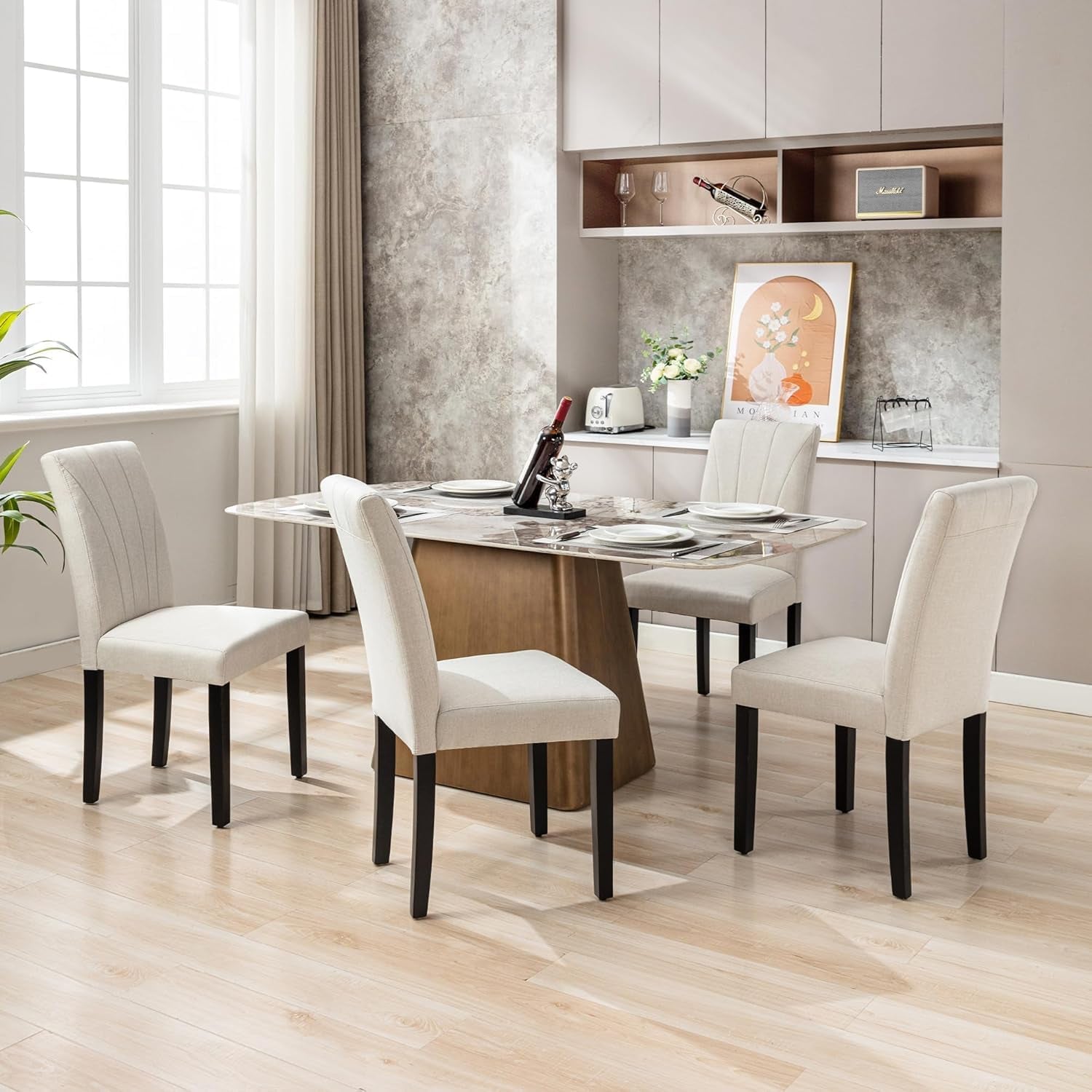 Beige Luxuriously Upholstered Dining Chairs Set Six