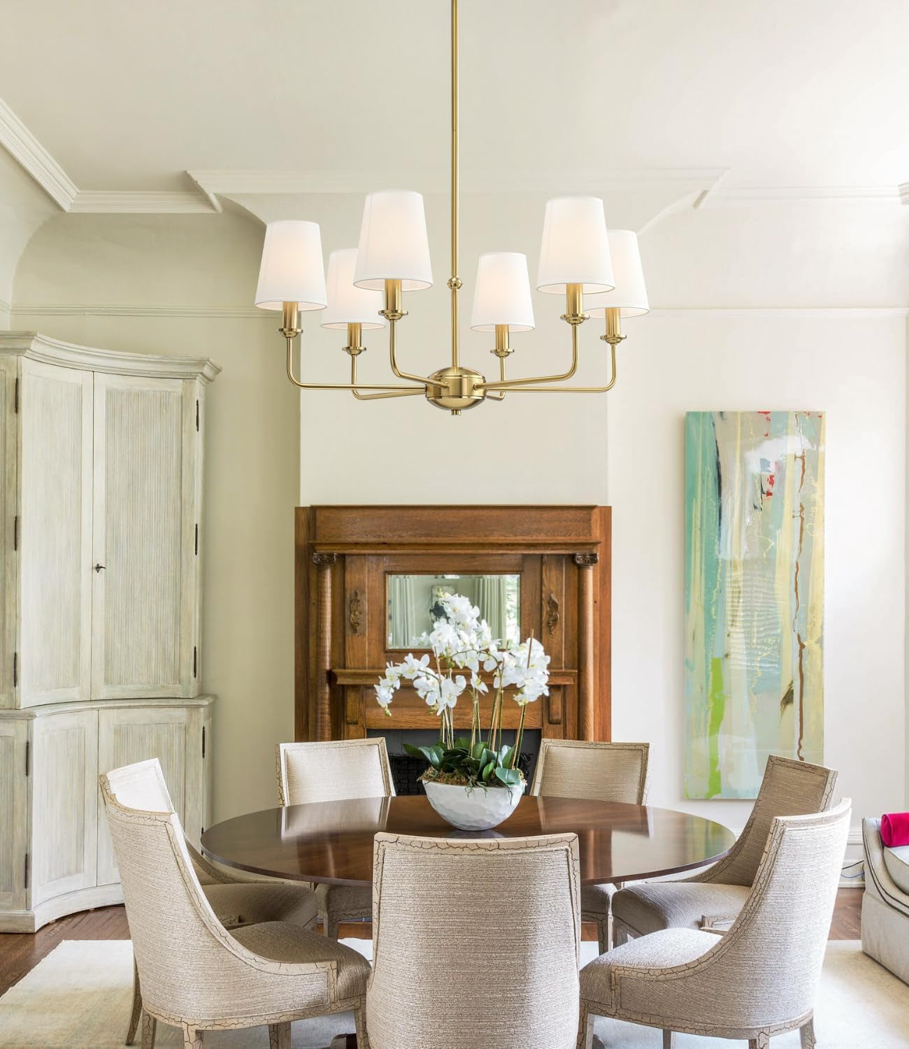 Six-Light Brushed Gold Pendant Chandelier Fabric Shades-3