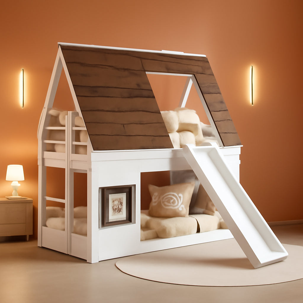 Bunk Bed Twin over Twin, Bunk Bed with Slides and Stairs, House Bunk Bed with Roof, Twin Bunk Bed for Kids, Teens, Kids Bunk Beds, White+Brown-0