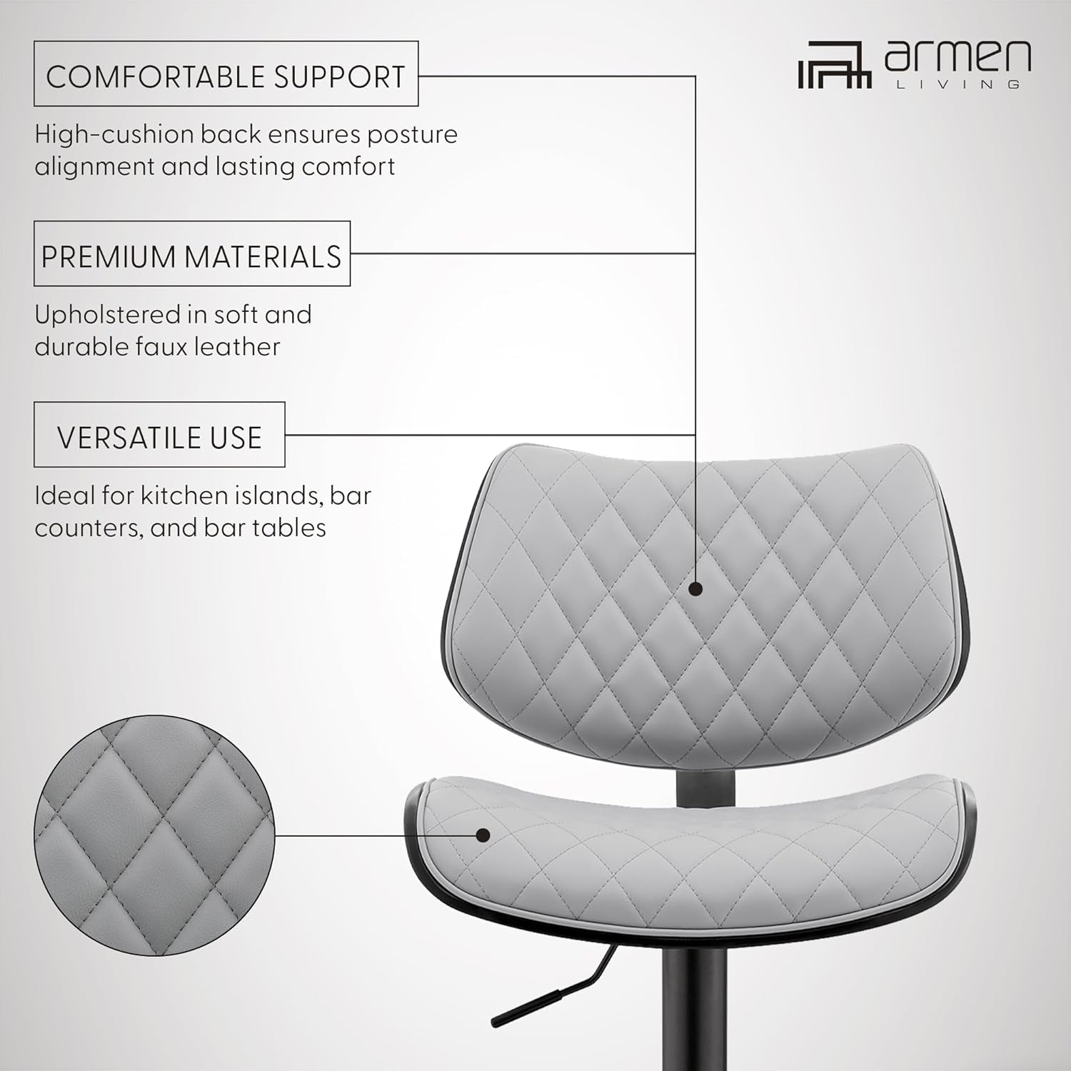 Grey Faux Leather Swivel Bar Stool With Adjustable Height