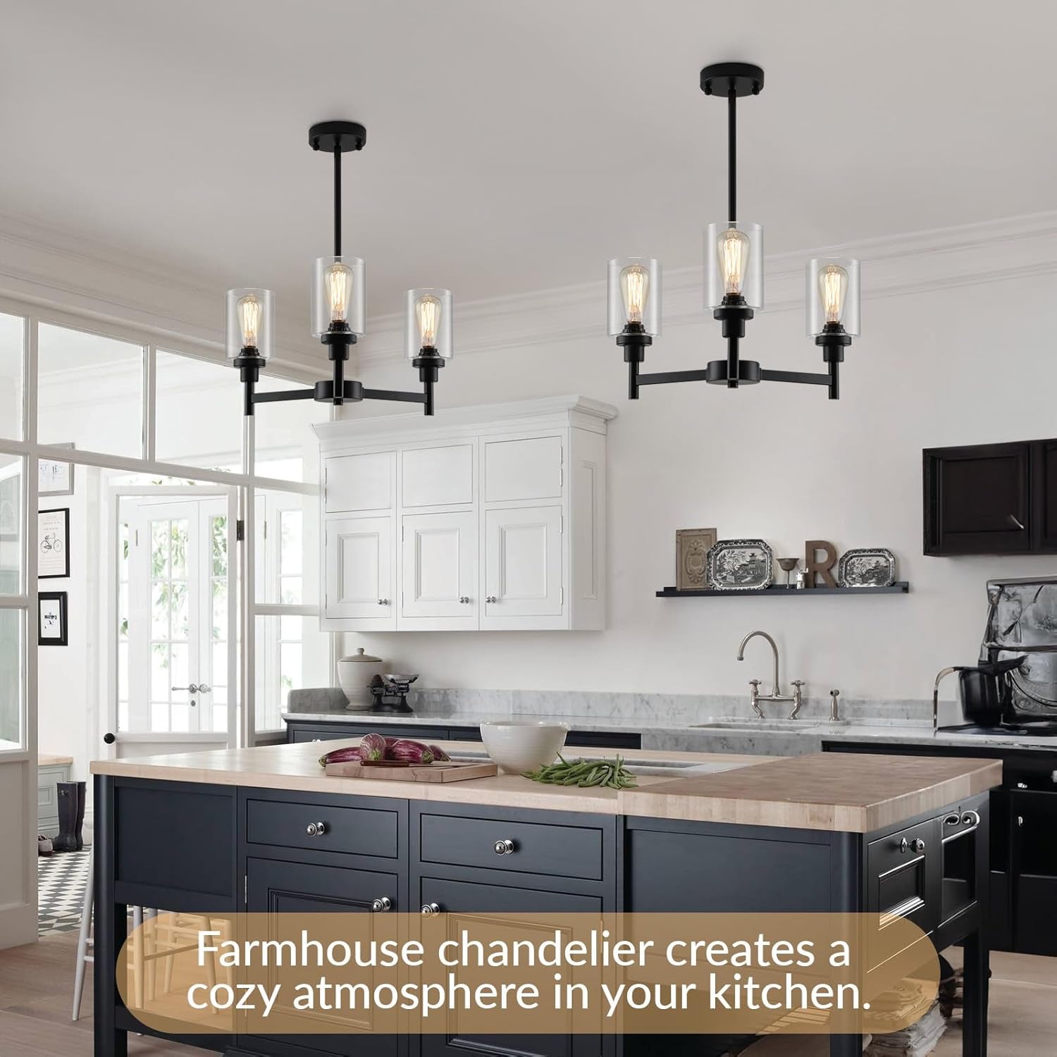 Three Light Black Glass Chandelier For Dining Room And Entryway With Glass Shade