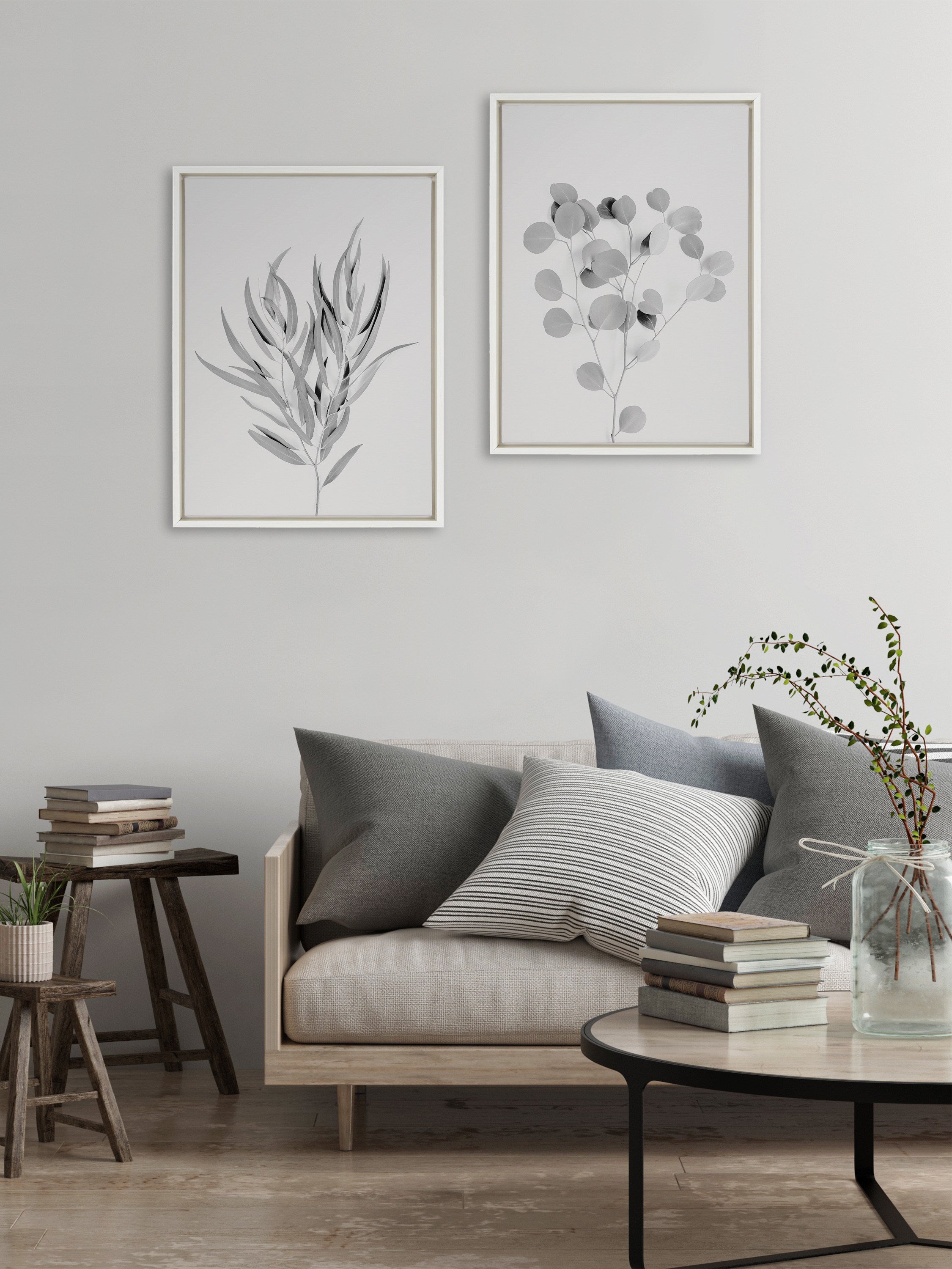Sylvie Neutral Botanical 1 and 2 Soft White Framed Canvas by The Creative Bunch Studio