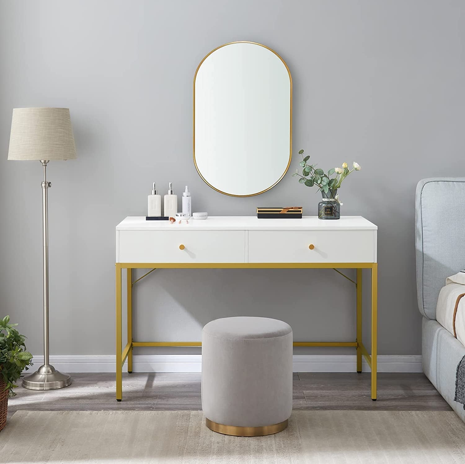 White And Gold Vanity Desk With Drawers For Bedroom