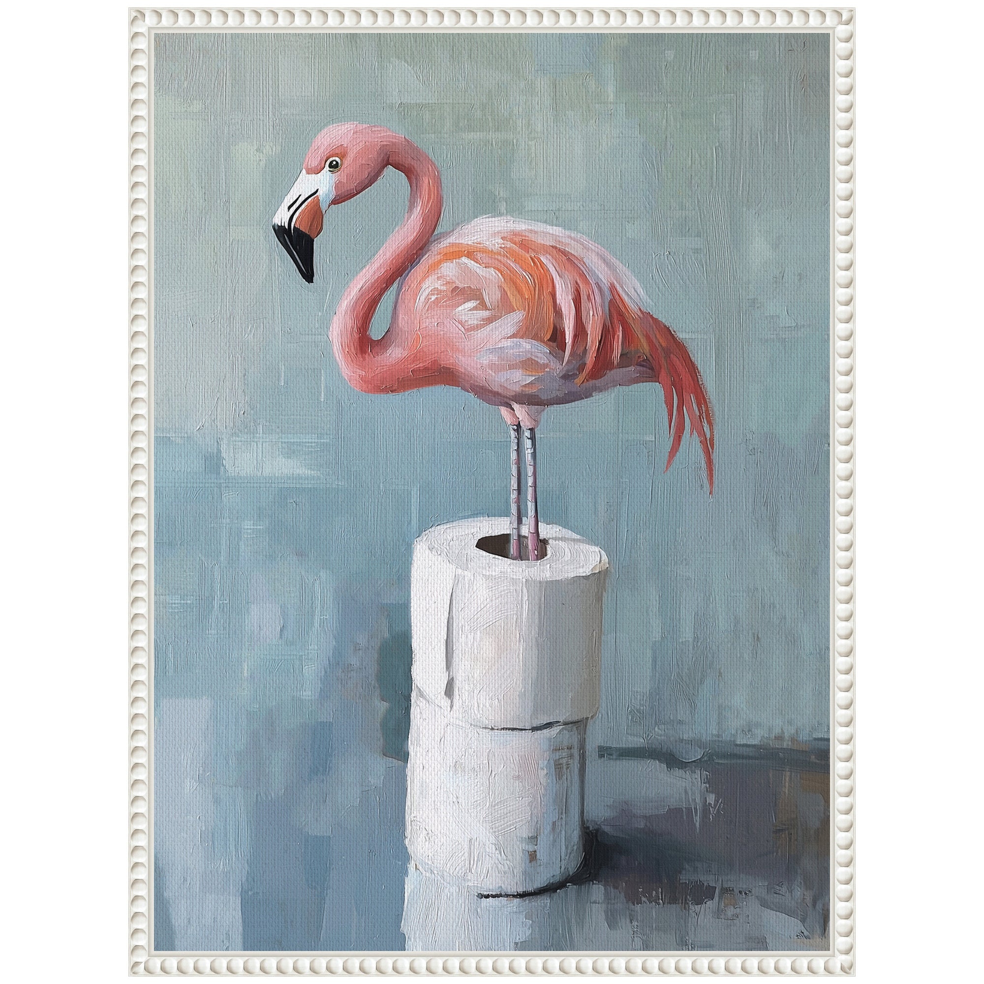 Sylvie Flamingo Standing with Toilet Paper Rolls Bathroom Art Framed Canvas by The Creative Bunch Studio