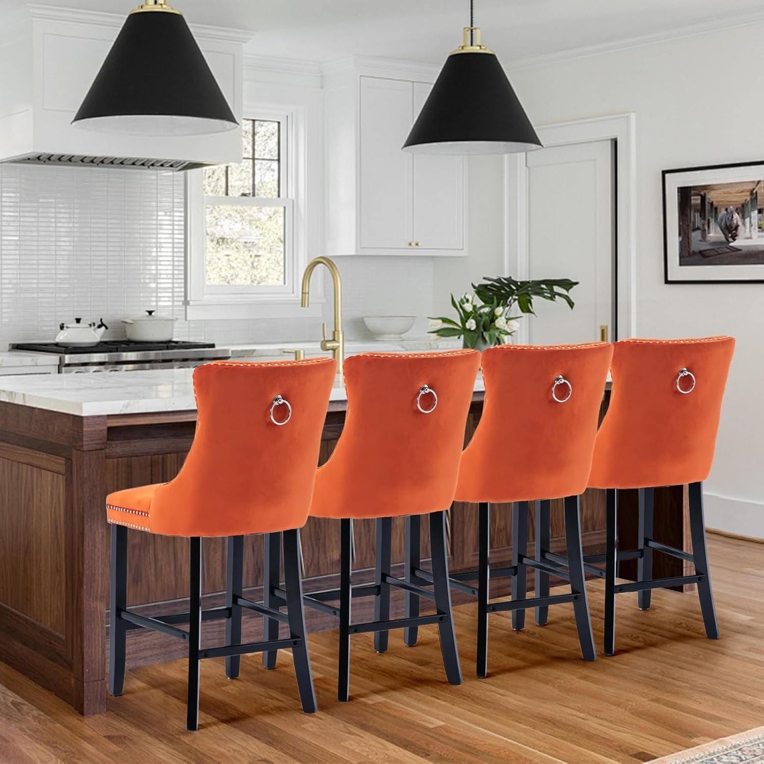 Velvet Upholstered Bar Stools Set Two with Back