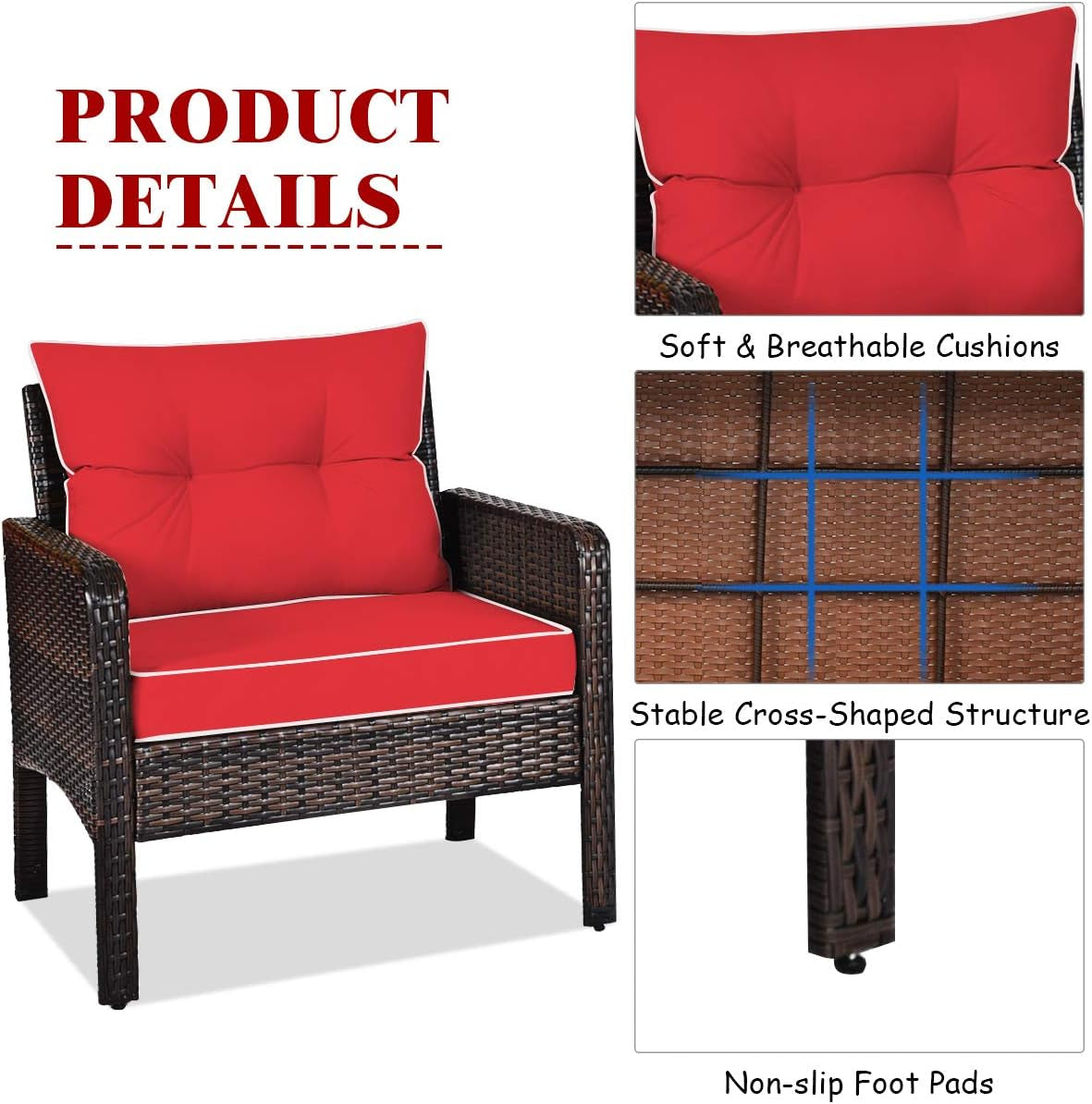Red 3 Piece Outdoor Patio Furniture Set With Wicker Chairs And Glass Top Coffee Table