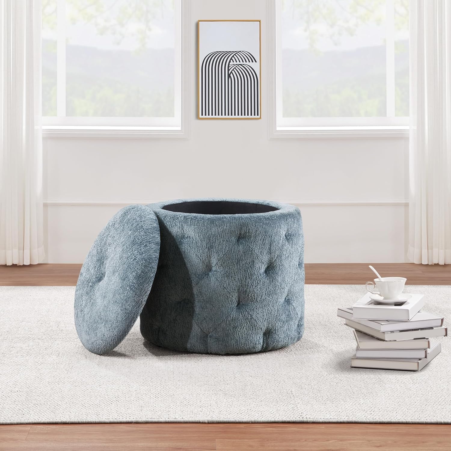 18.75 Inches Circumferential Sky Blue Storage Ottoman