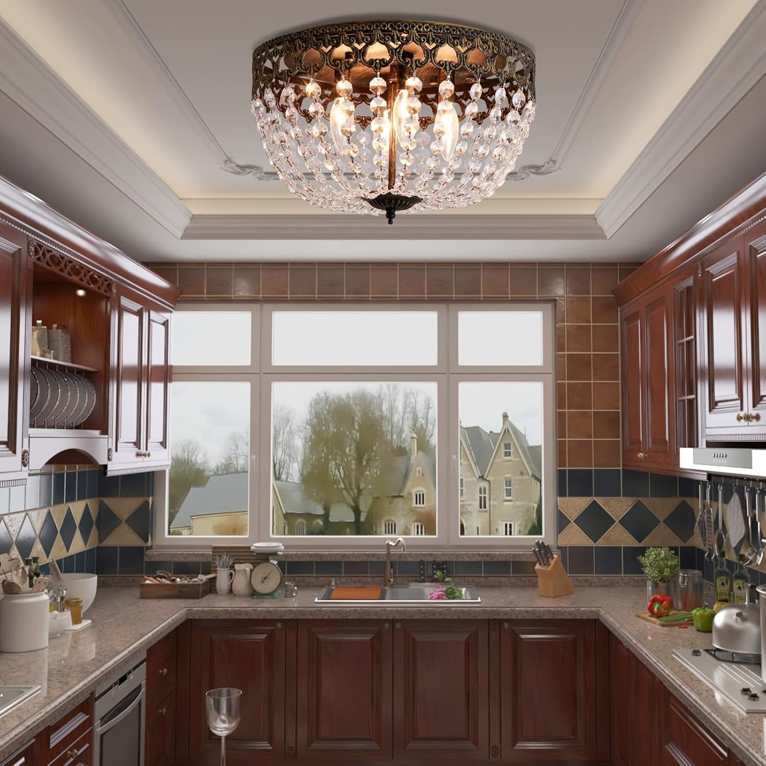 15 Inch Bronze Crystal 4 Light Flush Mount Ceiling Light-3