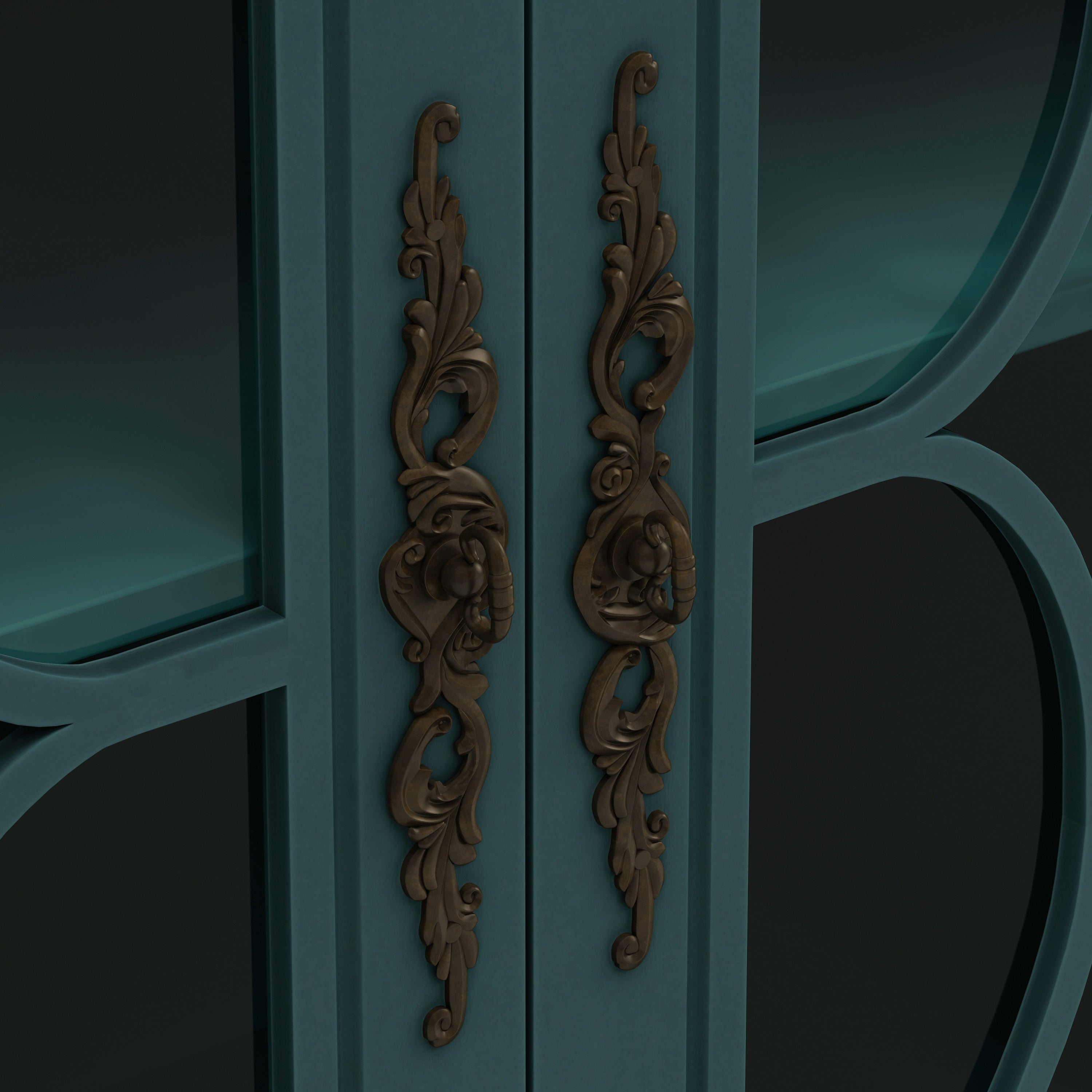 Elegant European Antique Style 4-Door Cabinet with Tempered Glass Doors