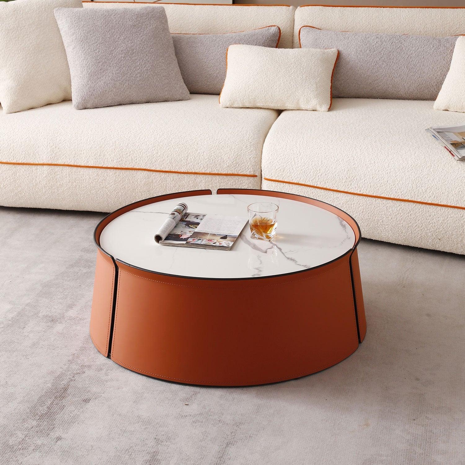 31.5" Coffee Table, Marble Top and Orange Saddle Leather Body - PRHOMZ