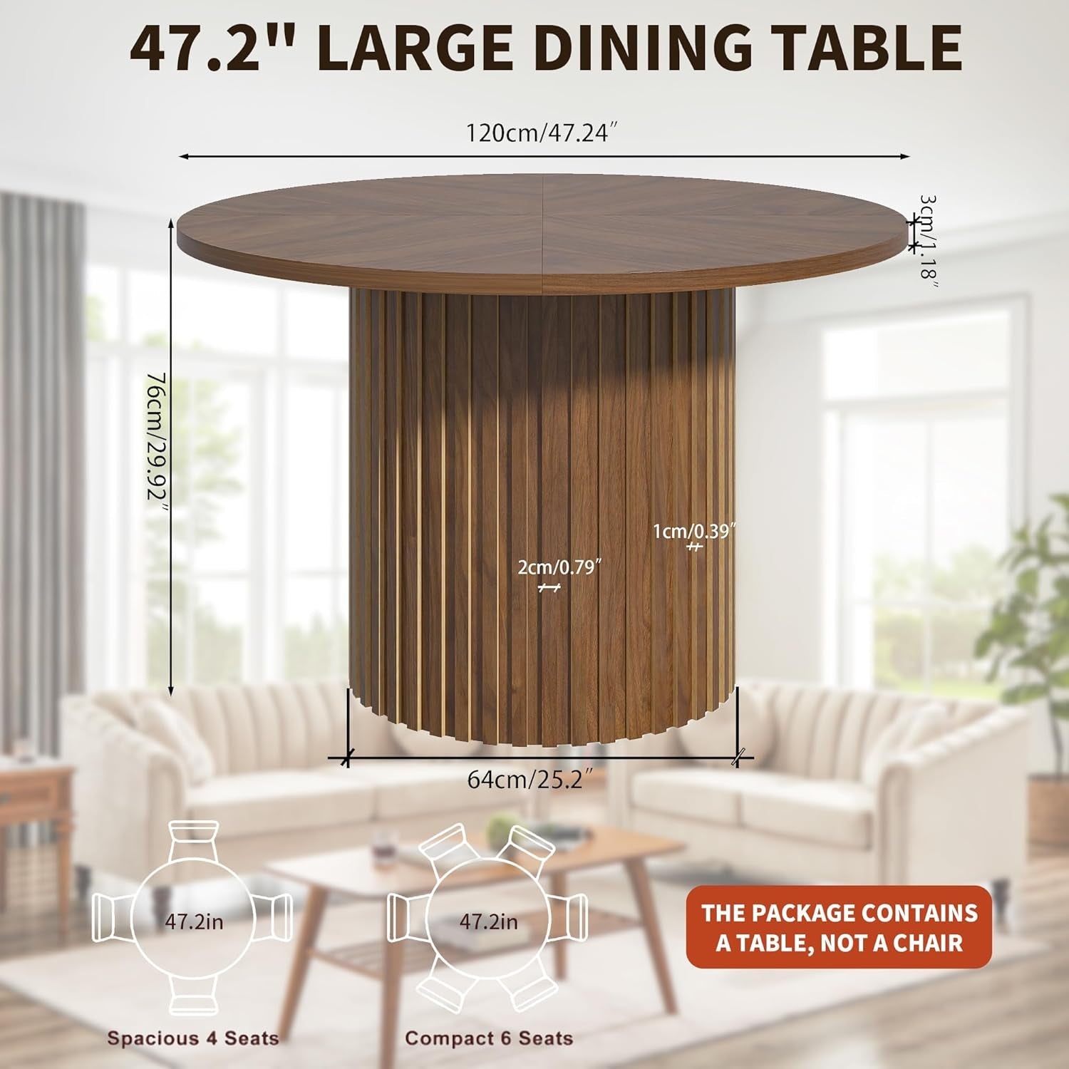 Round Walnut Dining Table 47 Inch With Wood Strip Base