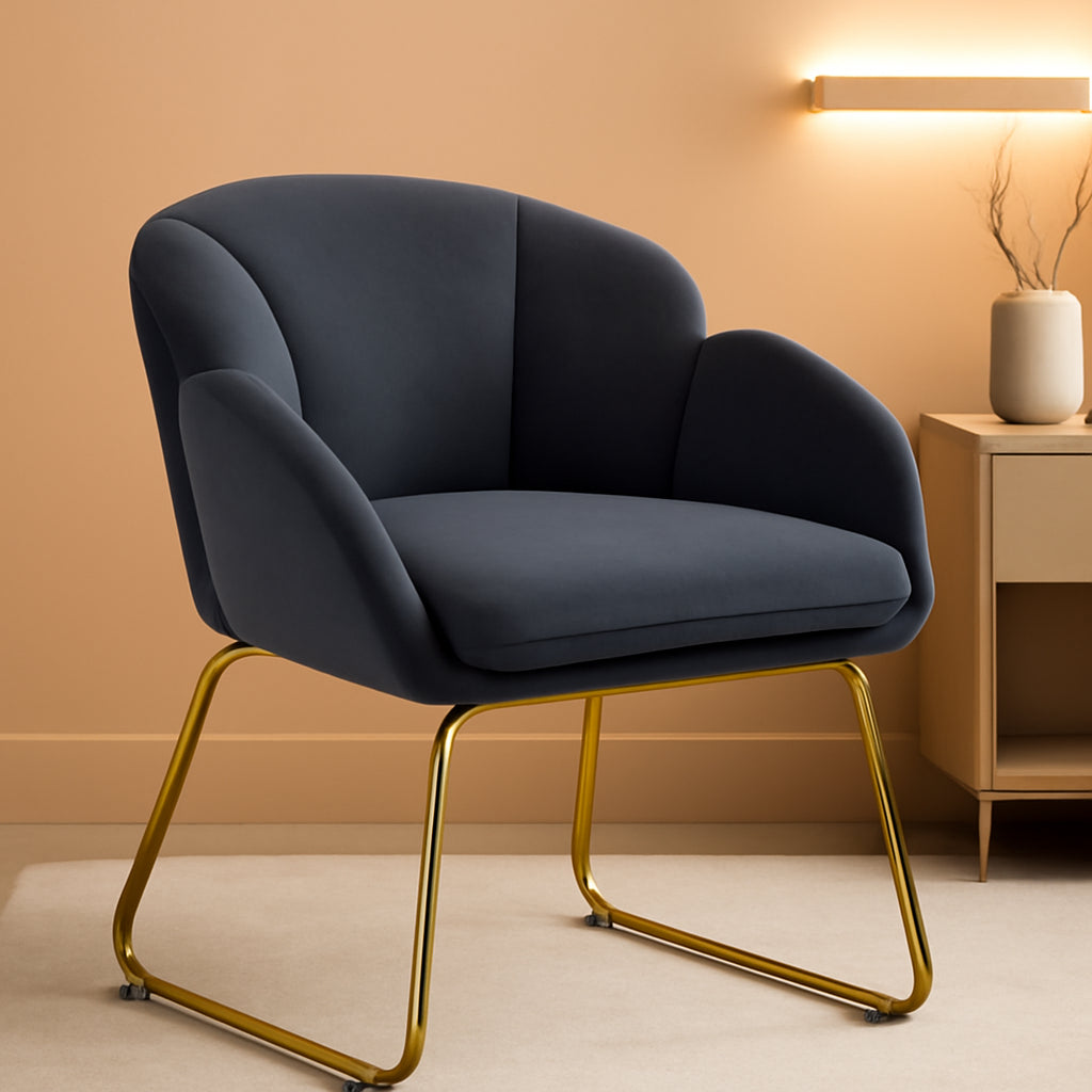 Flower Shape Velvet Armchair With Golden Legs Dark Gray