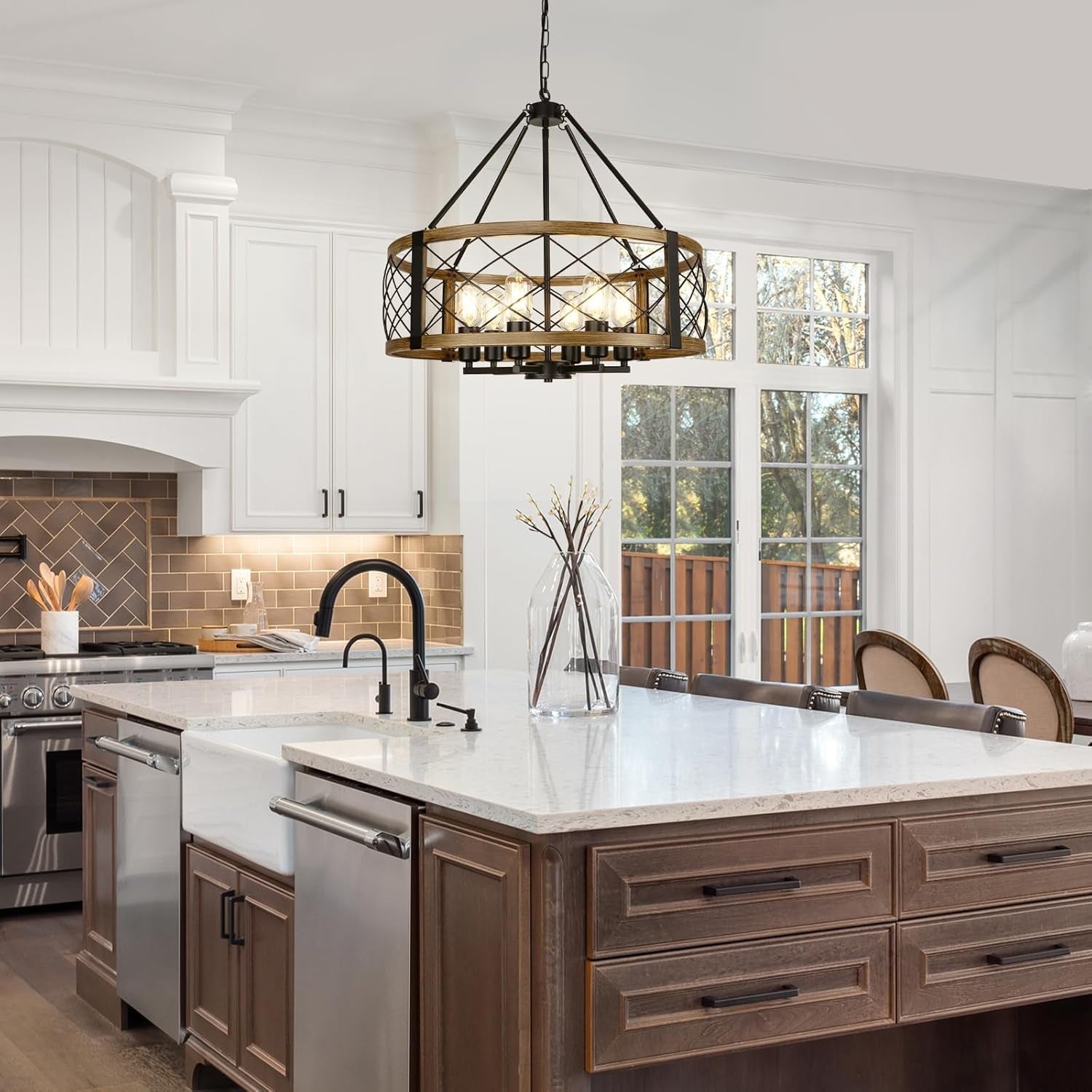 Six Light Walnut Wood Grain Finish Farmhouse Chandelier-3