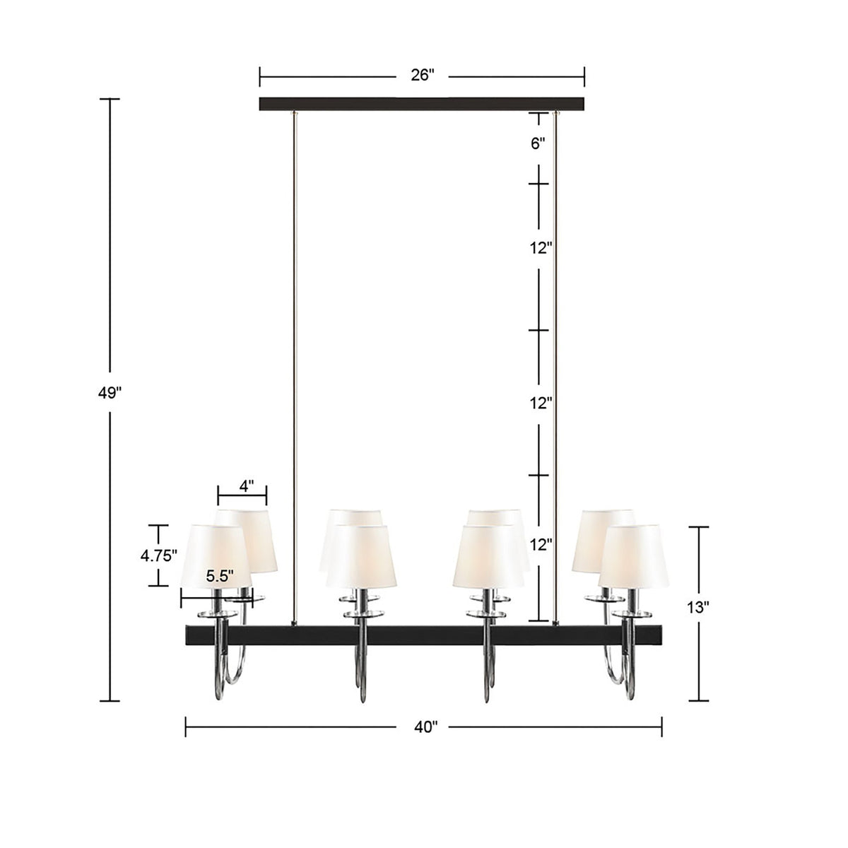 8-Light Rectangular Chandelier with Drum Shades | Black & Silver Farmhouse Ceiling Light — 40" Wide, Adjustable Height, Dining Room & Kitchen Island