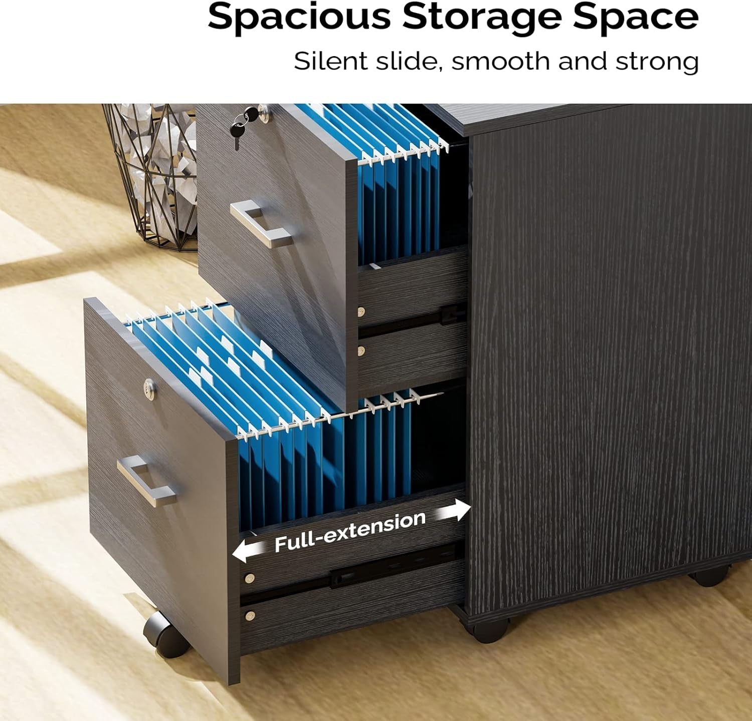 2 Drawer Rolling File Cabinet With Lock For Letter Size Folders Under Desk Black