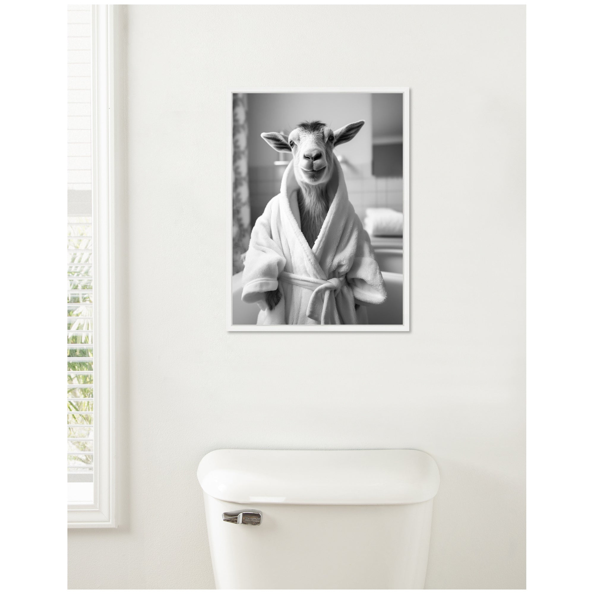Sylvie Goat Bathroom Art Towel Robe Black and White Framed Canvas by The Creative Bunch Studio